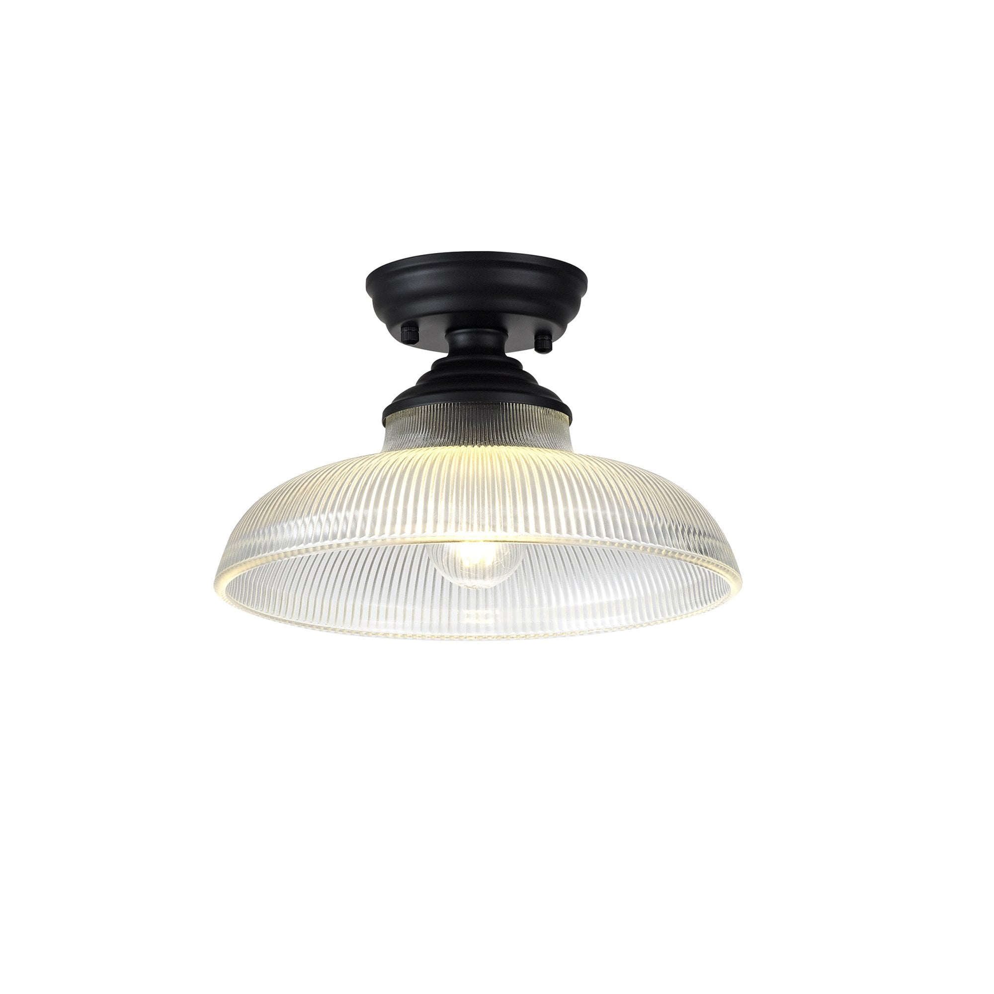 Fabula Mansfield Single Flush Light - 30cm Round Glass Shade - Matt Black & Clear Glass