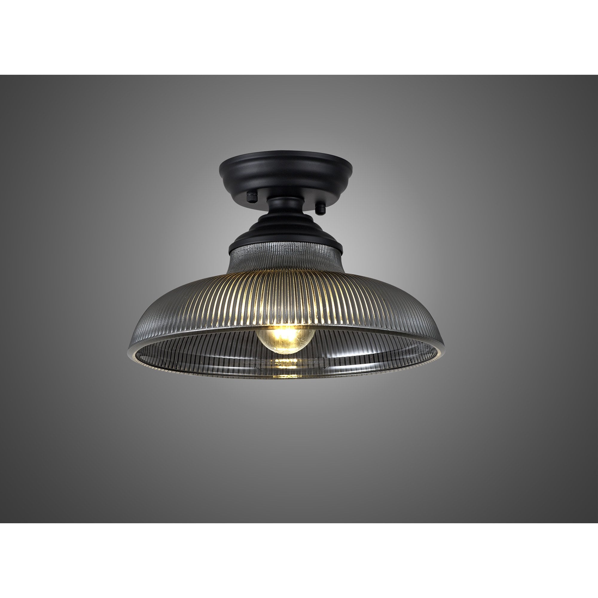 Fabula Mansfield Single Flush Light - 30cm Round Glass Shade - Matt Black & Smoked Glass