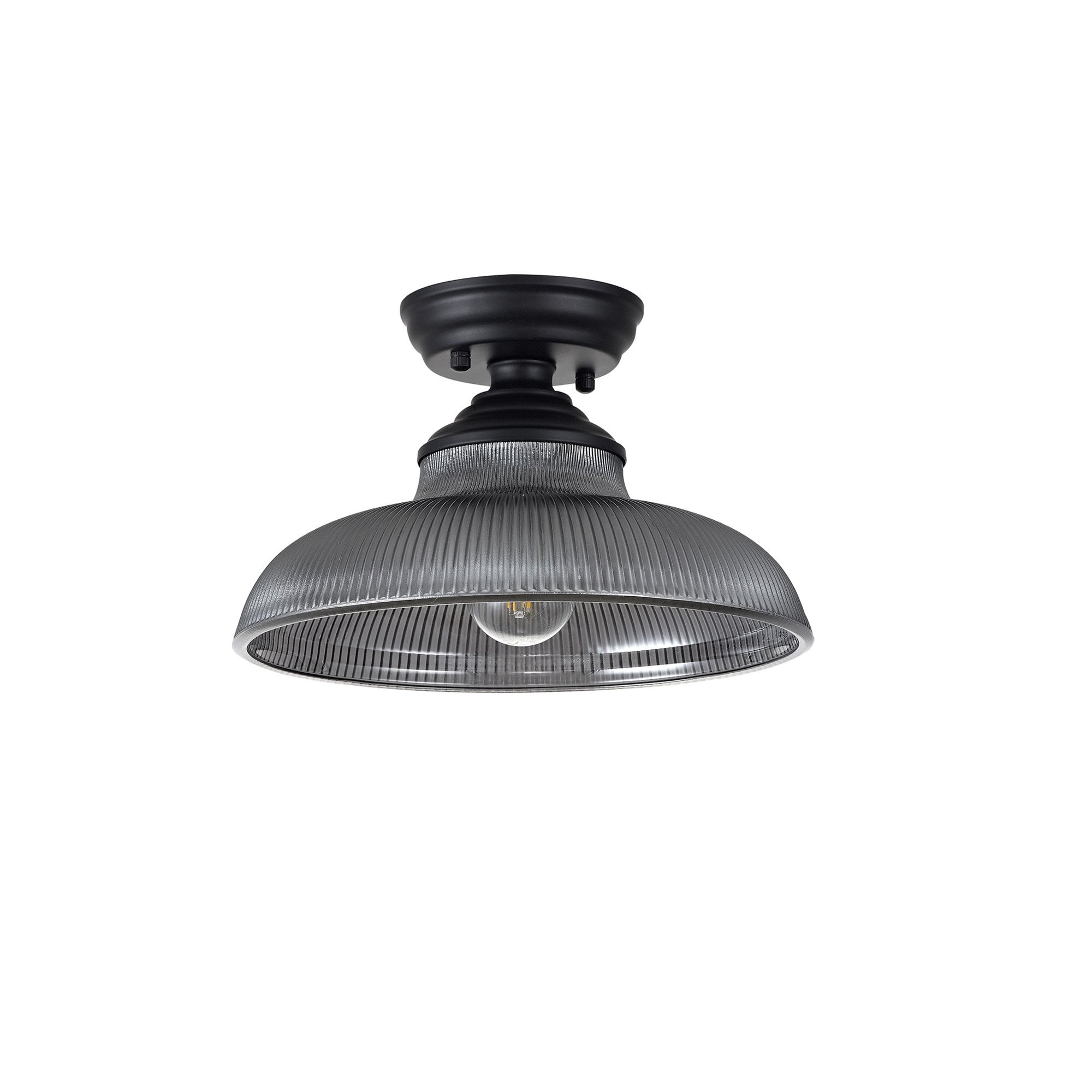 Fabula Mansfield Single Flush Light - 30cm Round Glass Shade - Matt Black & Smoked Glass
