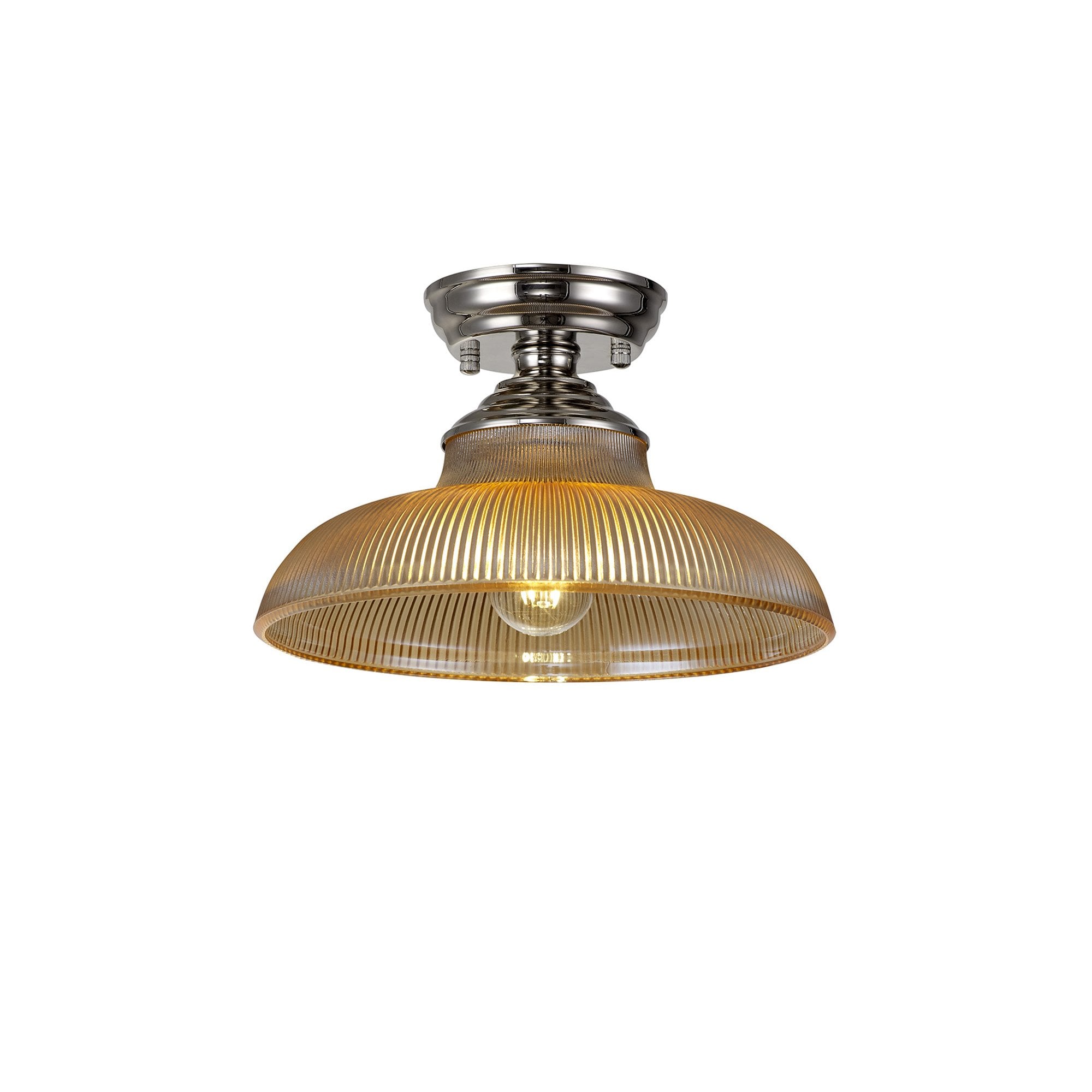 Fabula Mansfield Single Flush Light - 30cm Round Glass Shade - Polished Nickel & Amber Glass