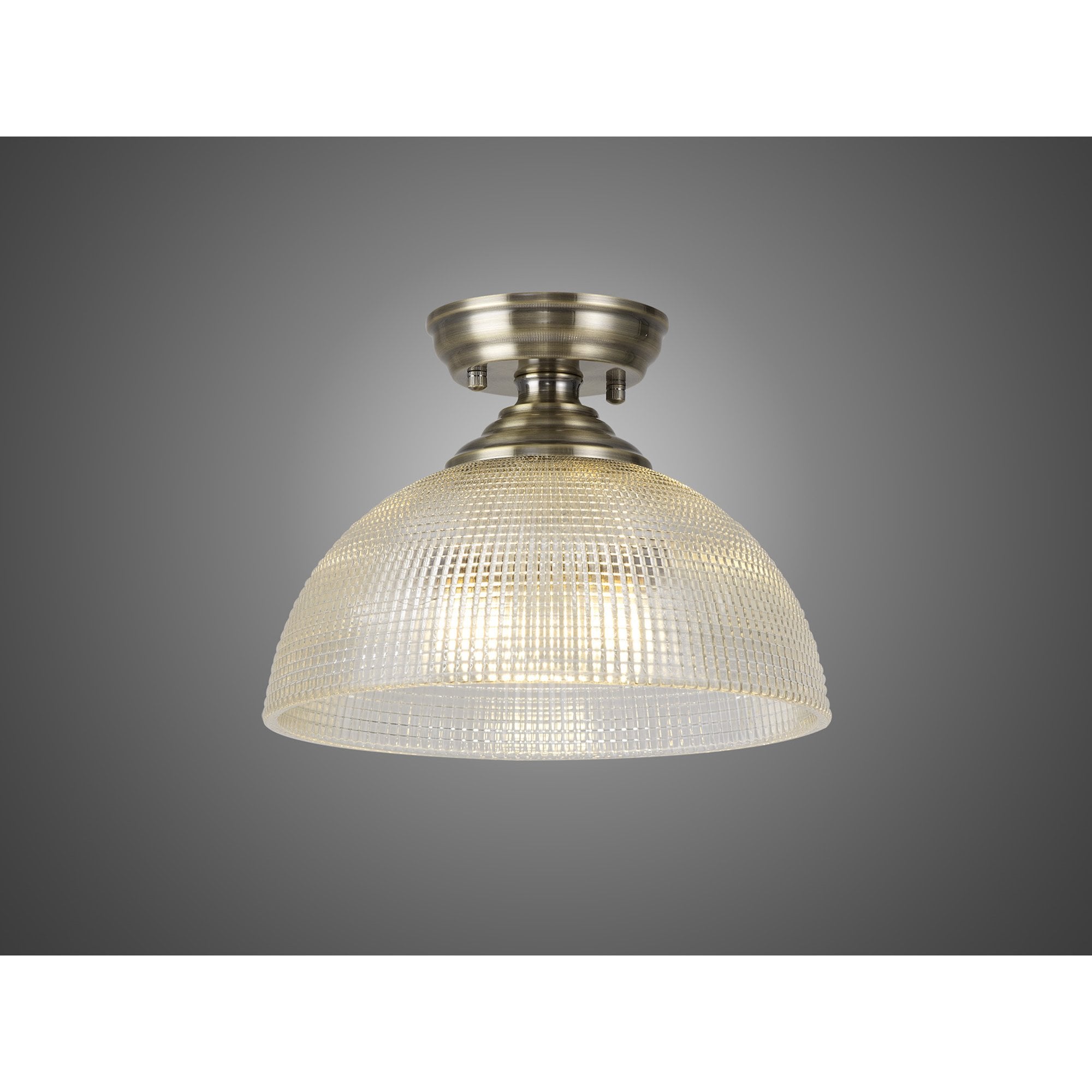 Fabula Mansfield Single Flush Light - 30cm Round Prismatic Effect Glass Shade - Antique Brass & Clear Glass