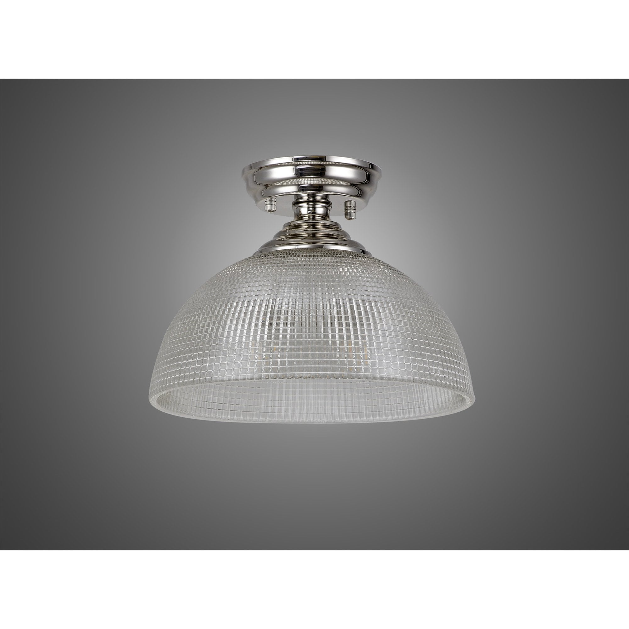 Fabula Mansfield Single Flush Light - 30cm Round Prismatic Effect Glass Shade - Polished Nickel & Clear Glass