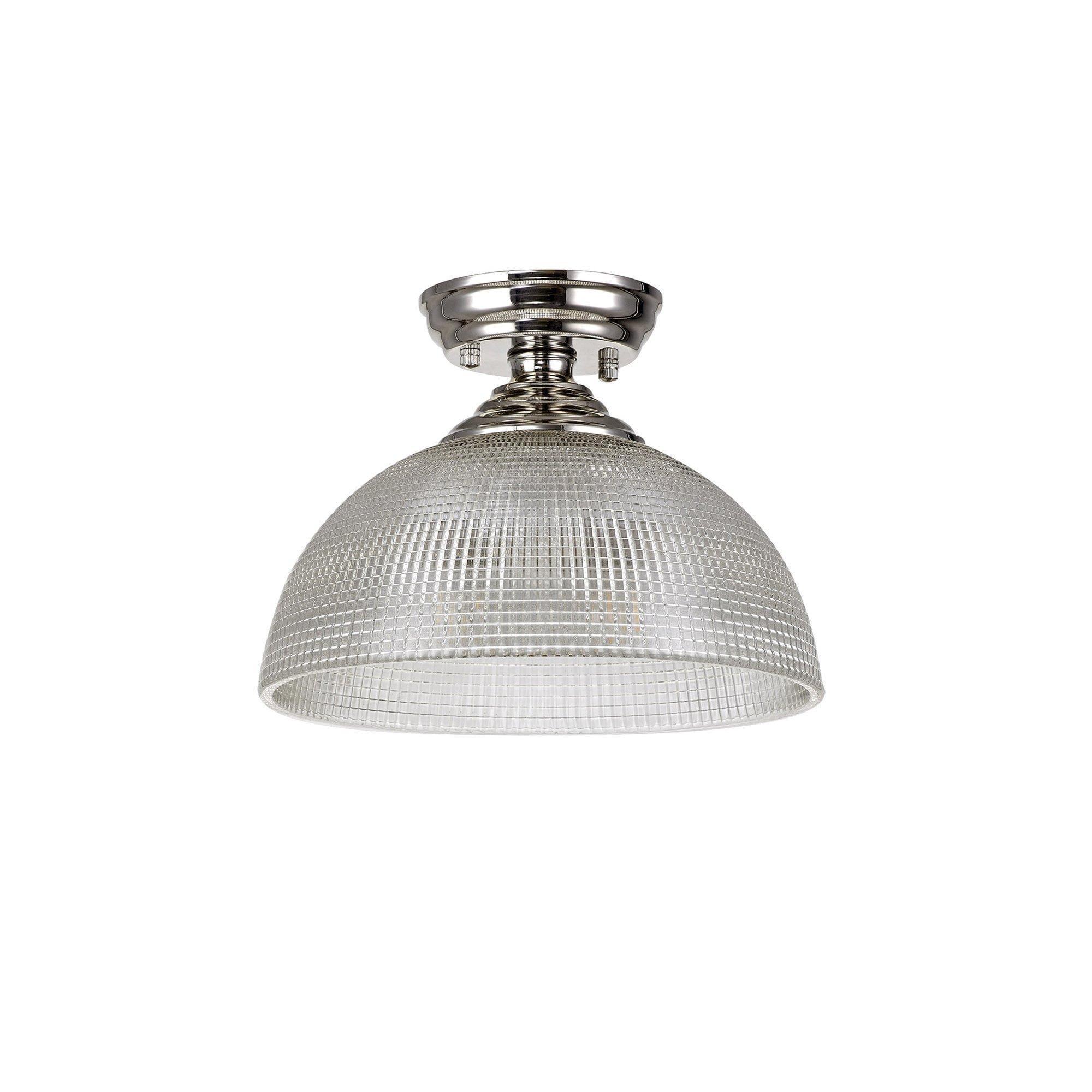 Fabula Mansfield Single Flush Light - 30cm Round Prismatic Effect Glass Shade - Polished Nickel & Clear Glass