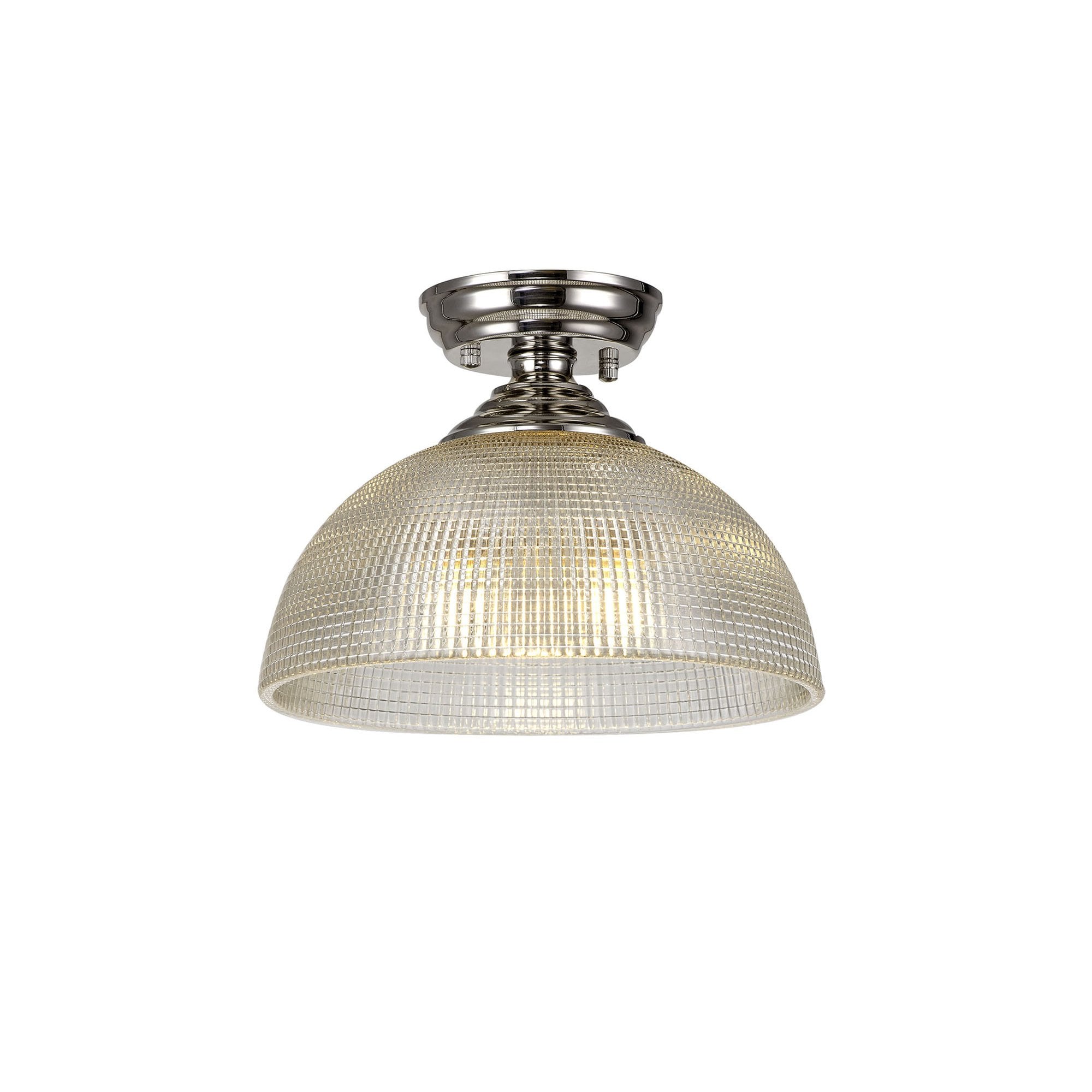 Fabula Mansfield Single Flush Light - 30cm Round Prismatic Effect Glass Shade - Polished Nickel & Clear Glass