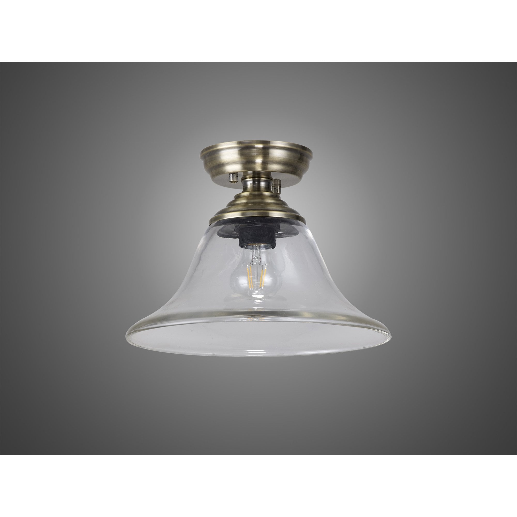 Fabula Mansfield Single Flush Light - 30cm Smooth Bell Glass Shade - Antique Brass & Clear Glass