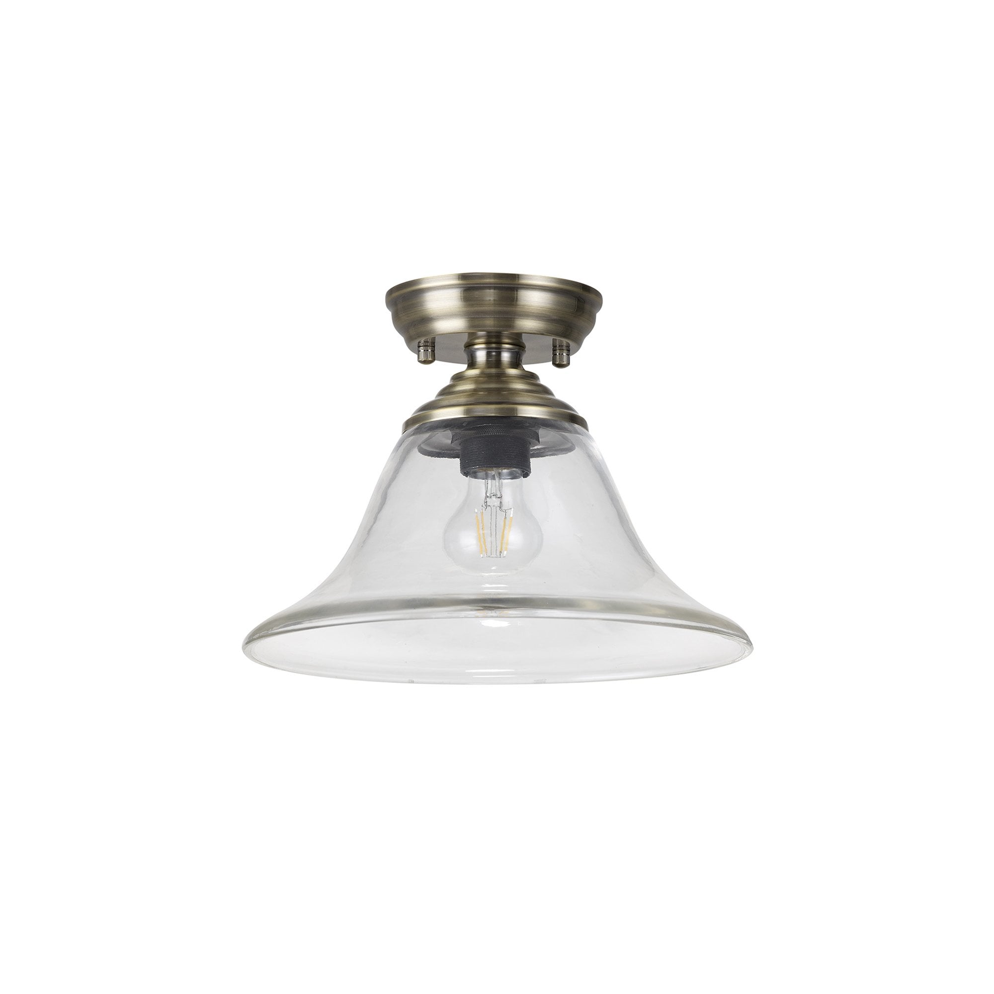 Fabula Mansfield Single Flush Light - 30cm Smooth Bell Glass Shade - Antique Brass & Clear Glass