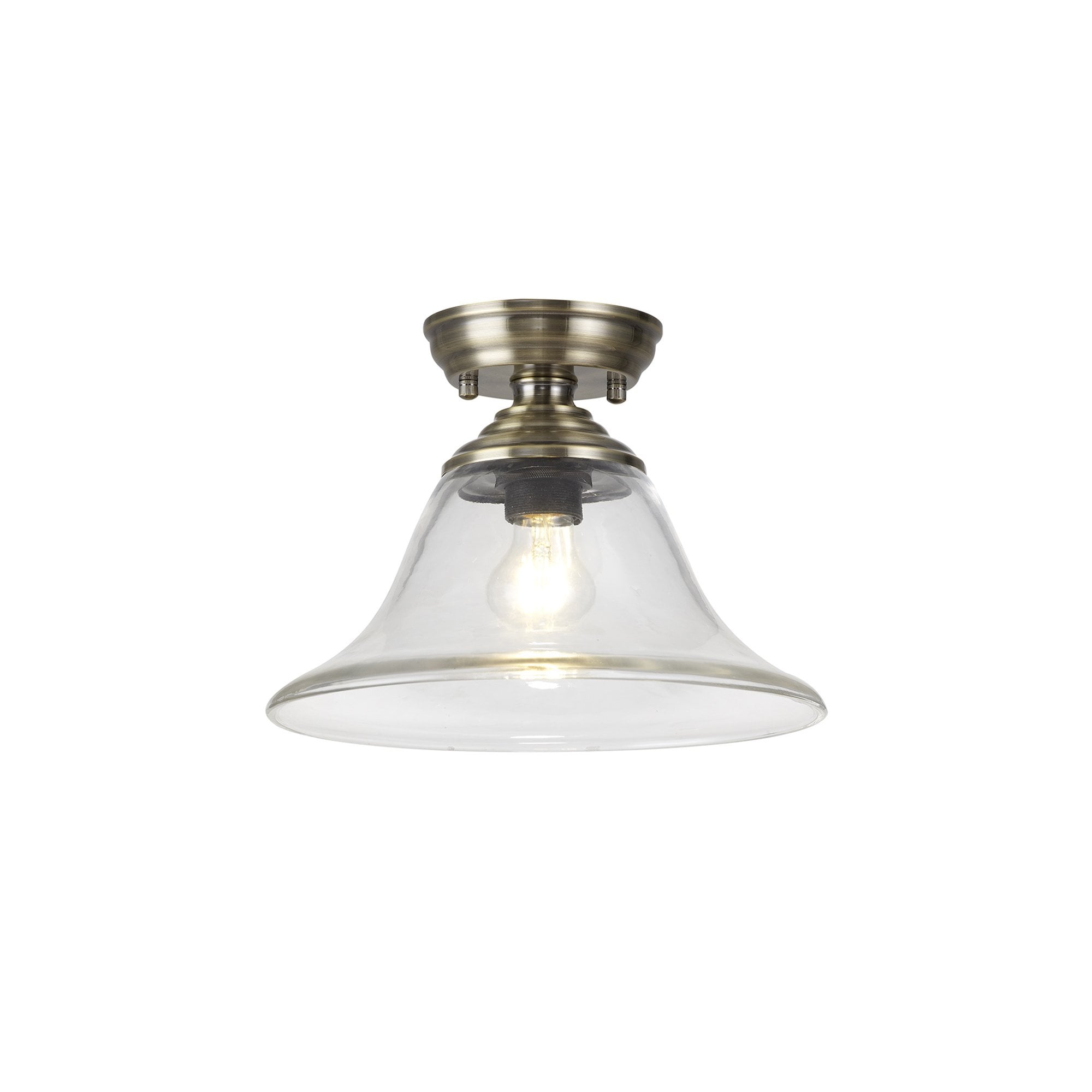 Fabula Mansfield Single Flush Light - 30cm Smooth Bell Glass Shade - Antique Brass & Clear Glass