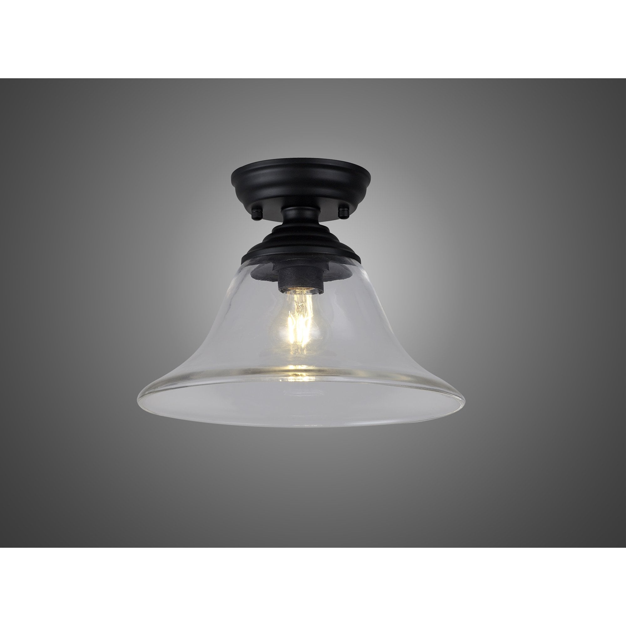 Fabula Mansfield Single Flush Light - 30cm Smooth Bell Glass Shade - Matt Black & Clear Glass