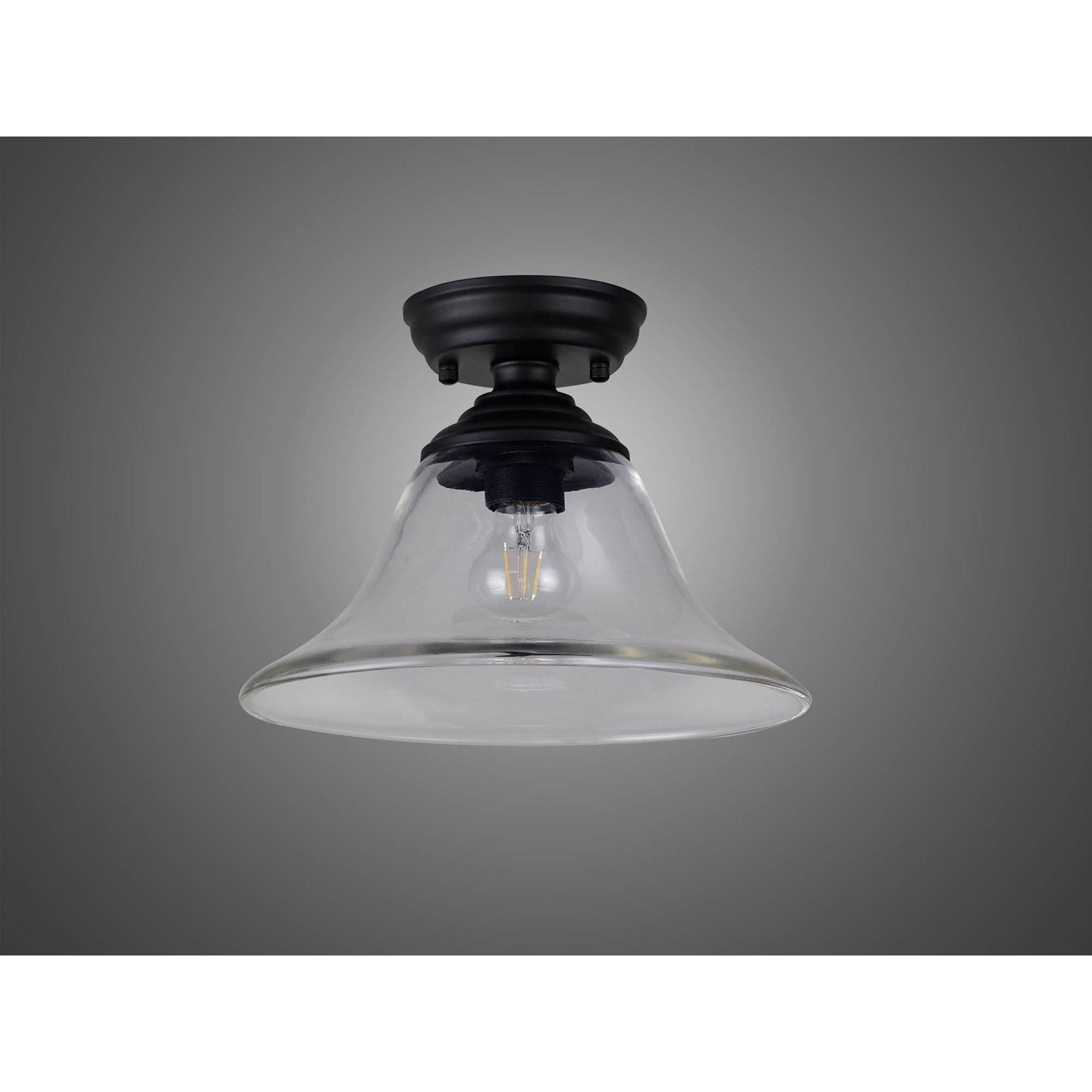 Fabula Mansfield Single Flush Light - 30cm Smooth Bell Glass Shade - Matt Black & Clear Glass
