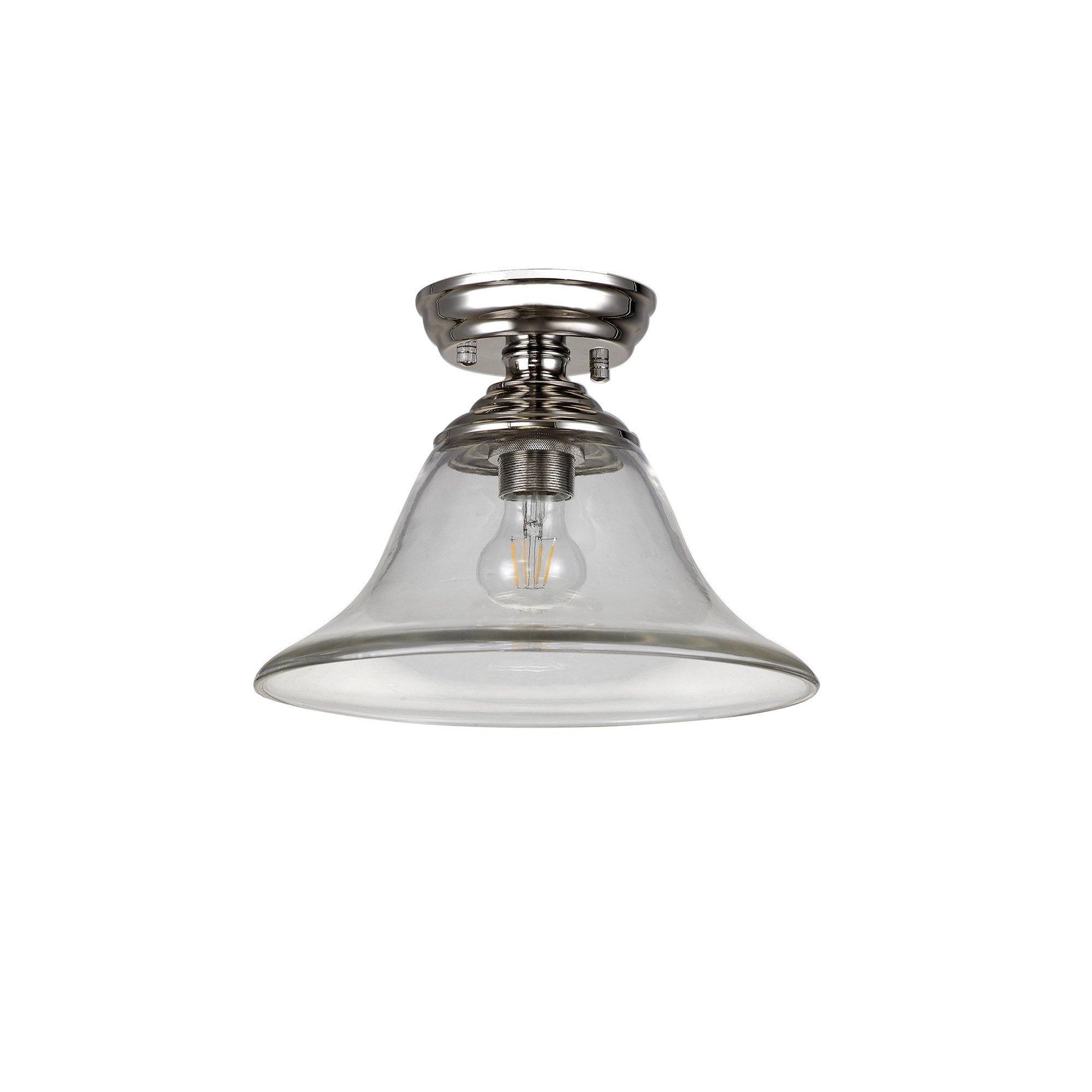 Fabula Mansfield Single Flush Light - 30cm Smooth Bell Glass Shade - Polished Nickel & Clear Glass