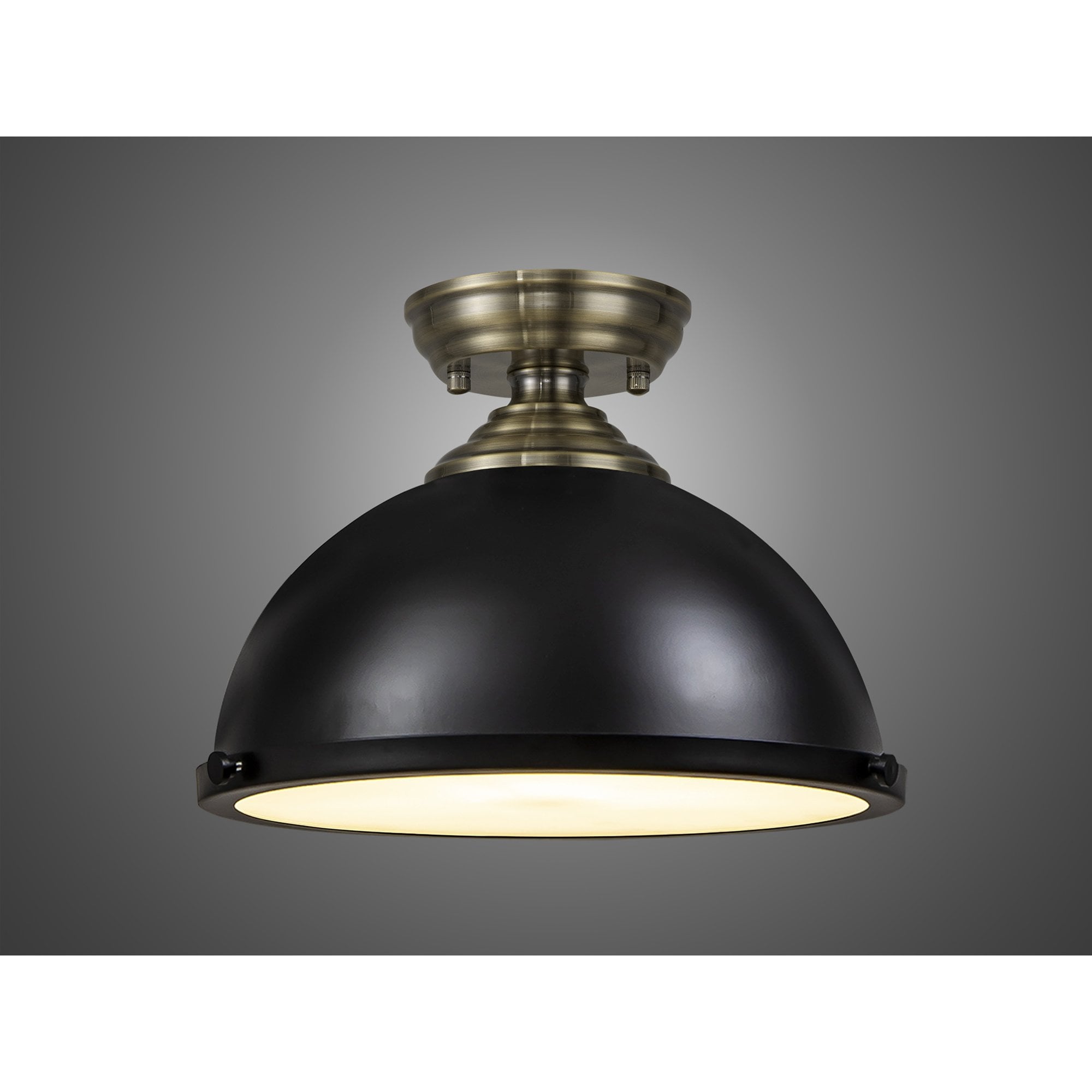 Fabula Mansfield Single Flush Light - 31cm Round Metal Shade - Antique Brass & Matt Black