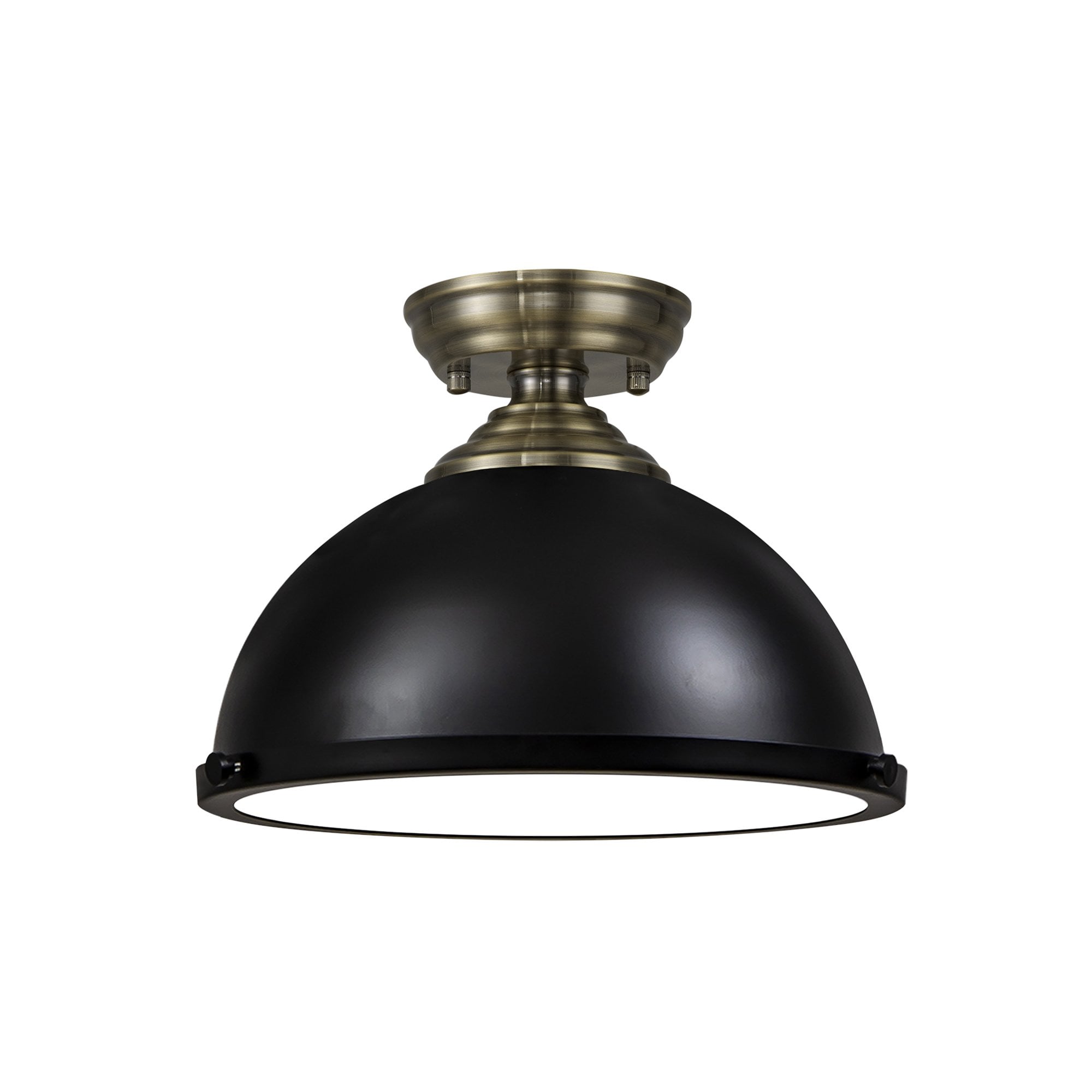 Fabula Mansfield Single Flush Light - 31cm Round Metal Shade - Antique Brass & Matt Black