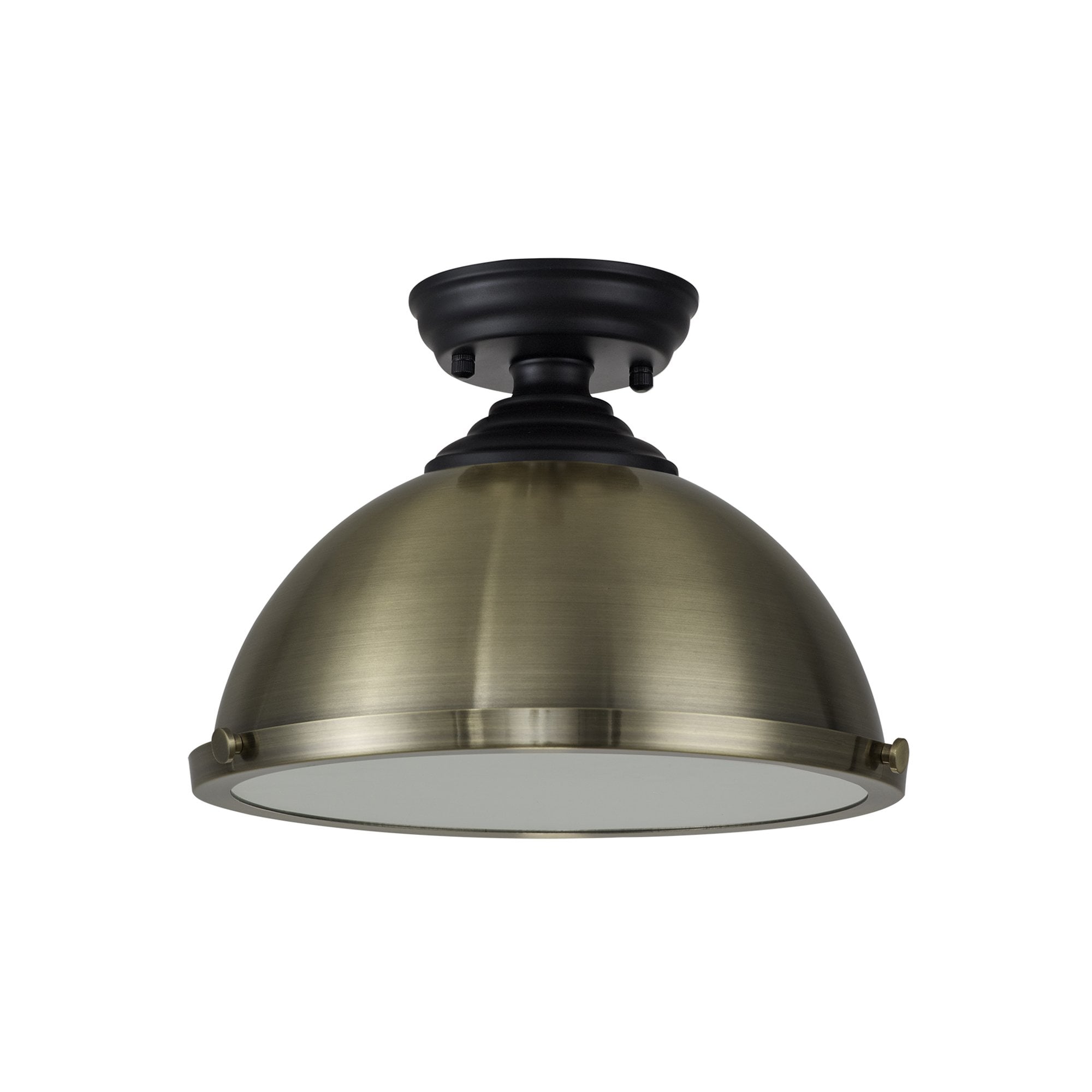 Fabula Mansfield Single Flush Light - 31cm Round Metal Shade - Matt Black & Antique Brass