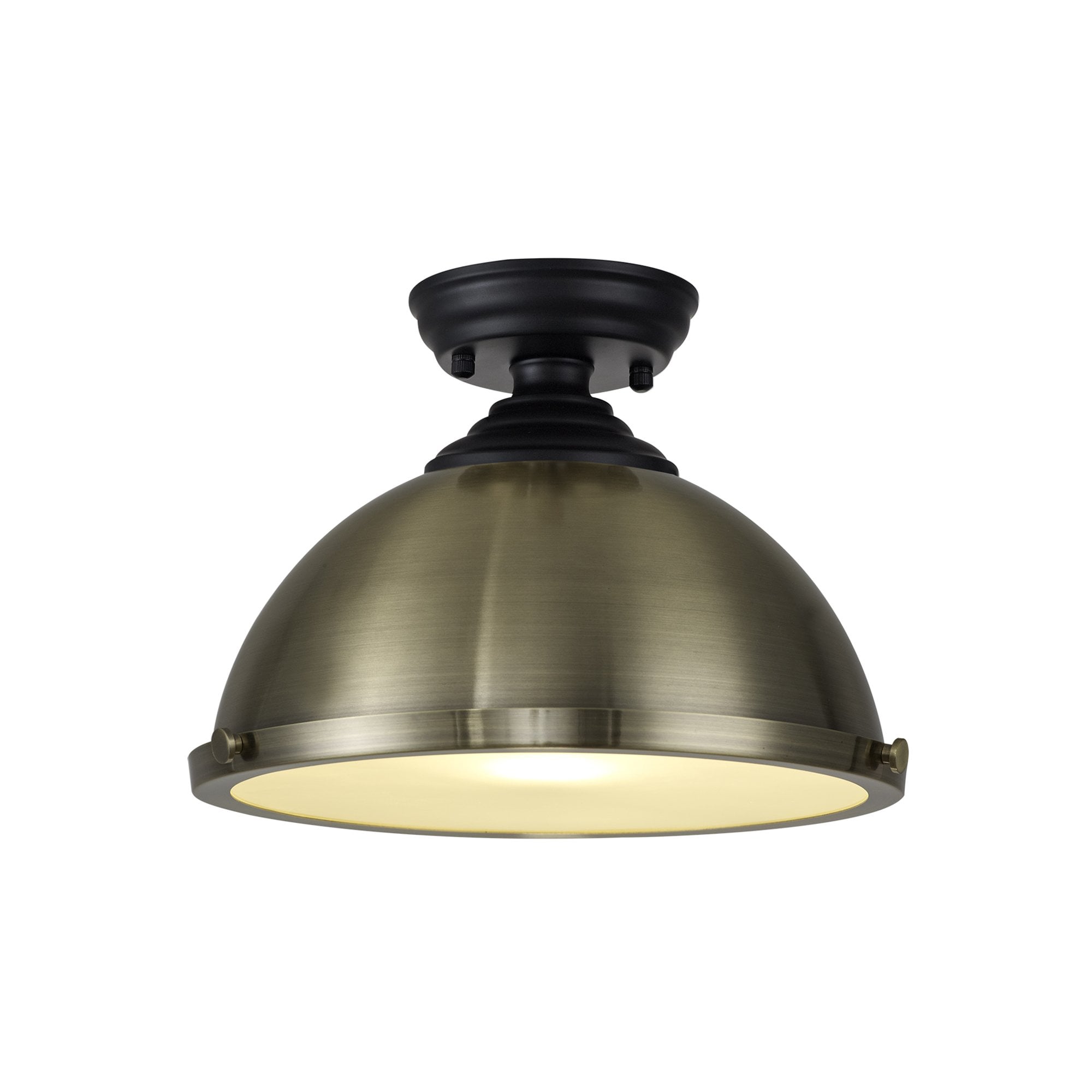 Fabula Mansfield Single Flush Light - 31cm Round Metal Shade - Matt Black & Antique Brass