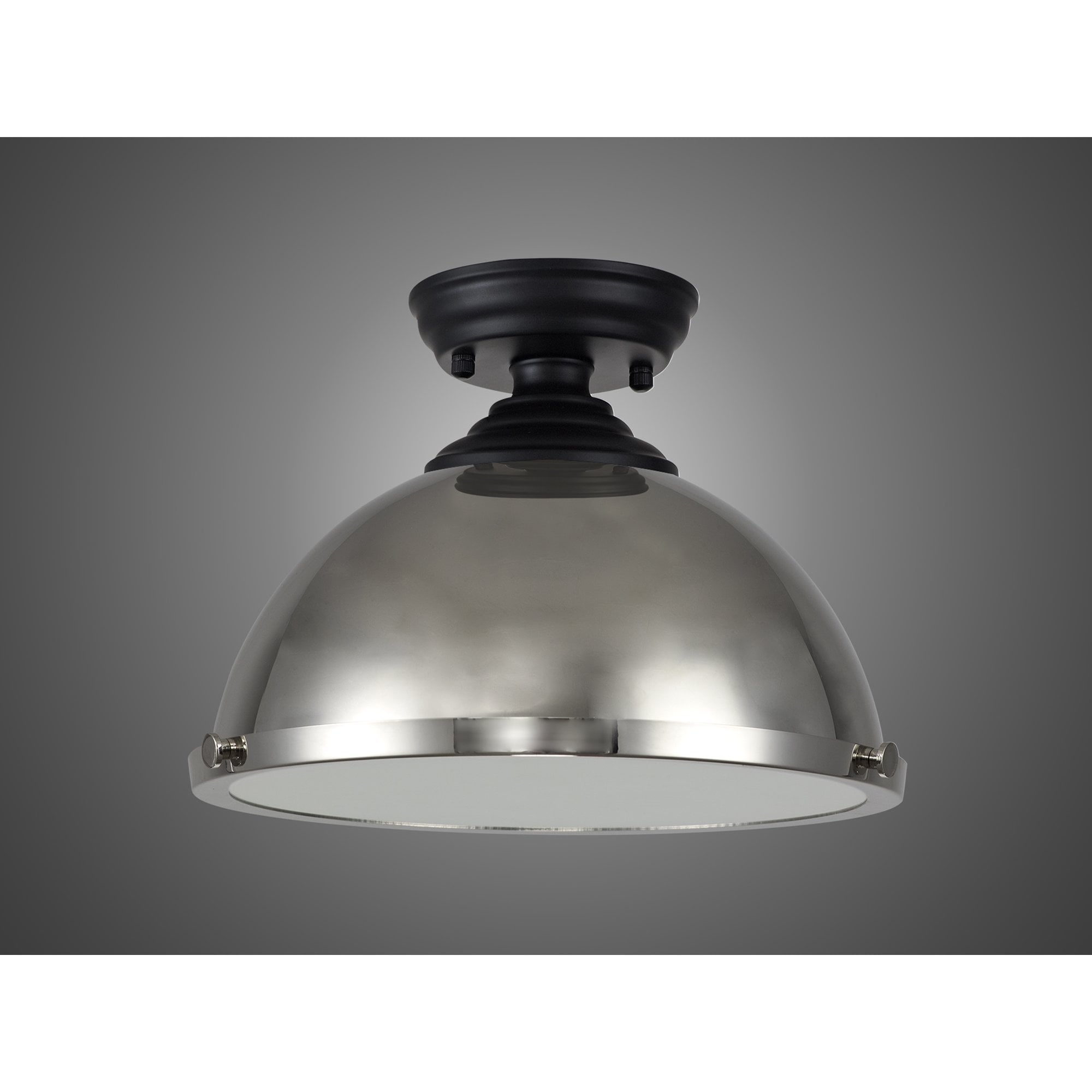 Fabula Mansfield Single Flush Light - 31cm Round Metal Shade - Matt Black & Polished Nickel