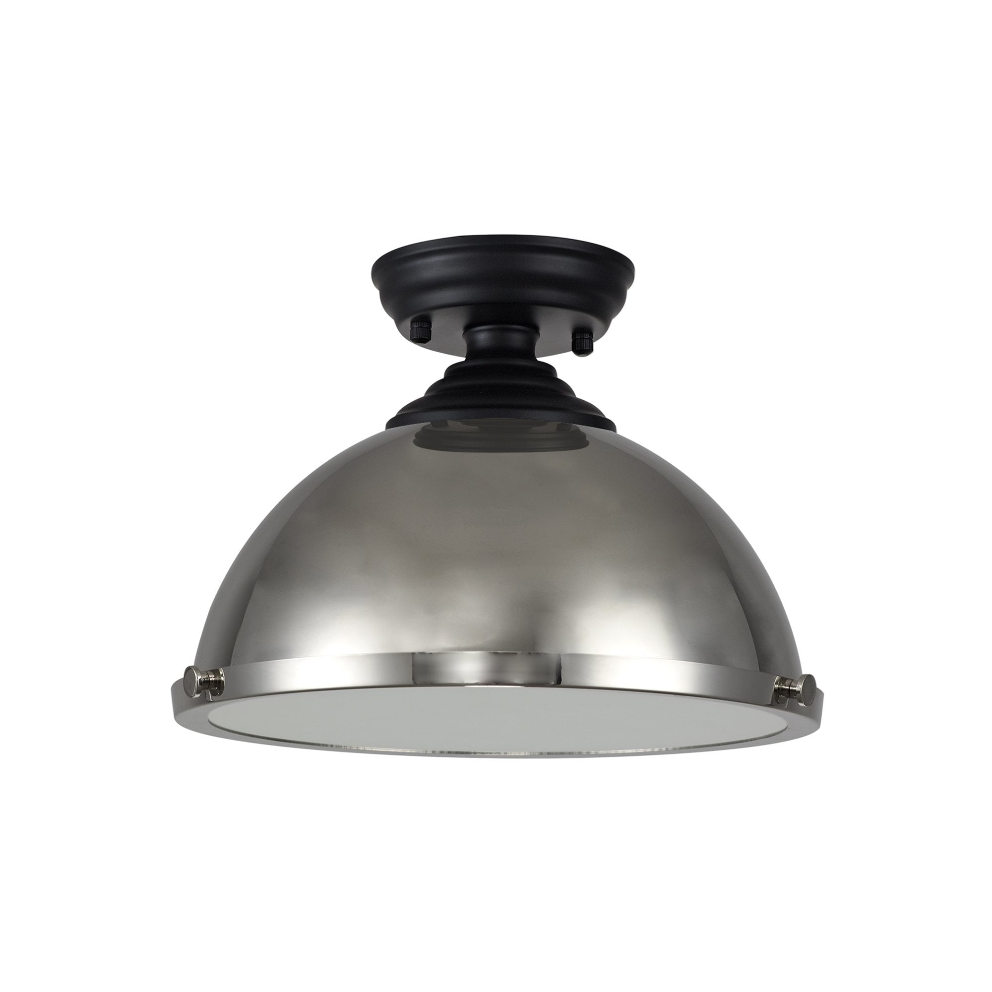 Fabula Mansfield Single Flush Light - 31cm Round Metal Shade - Matt Black & Polished Nickel