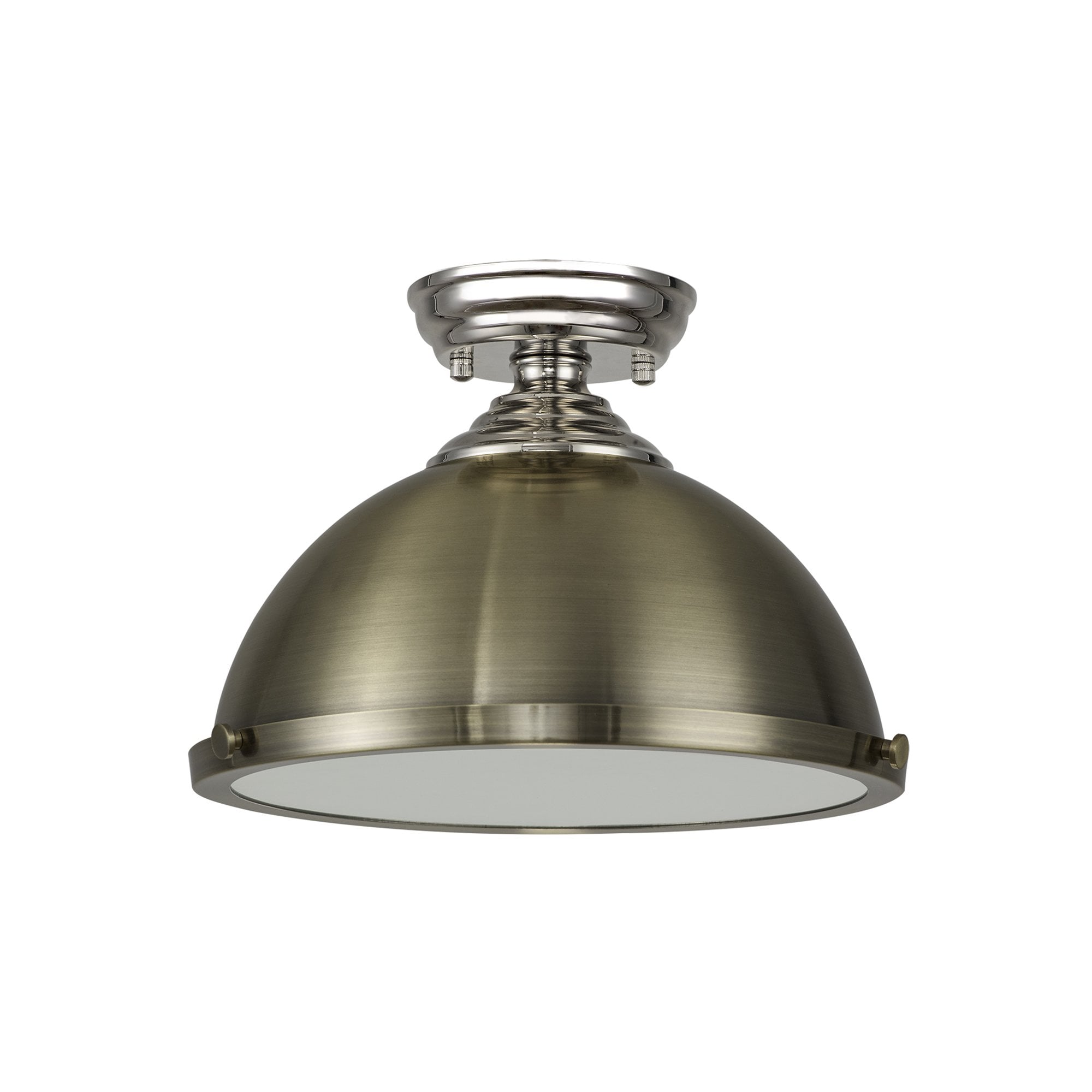 Fabula Mansfield Single Flush Light - 31cm Round Metal Shade - Polished Nickel & Antique Brass