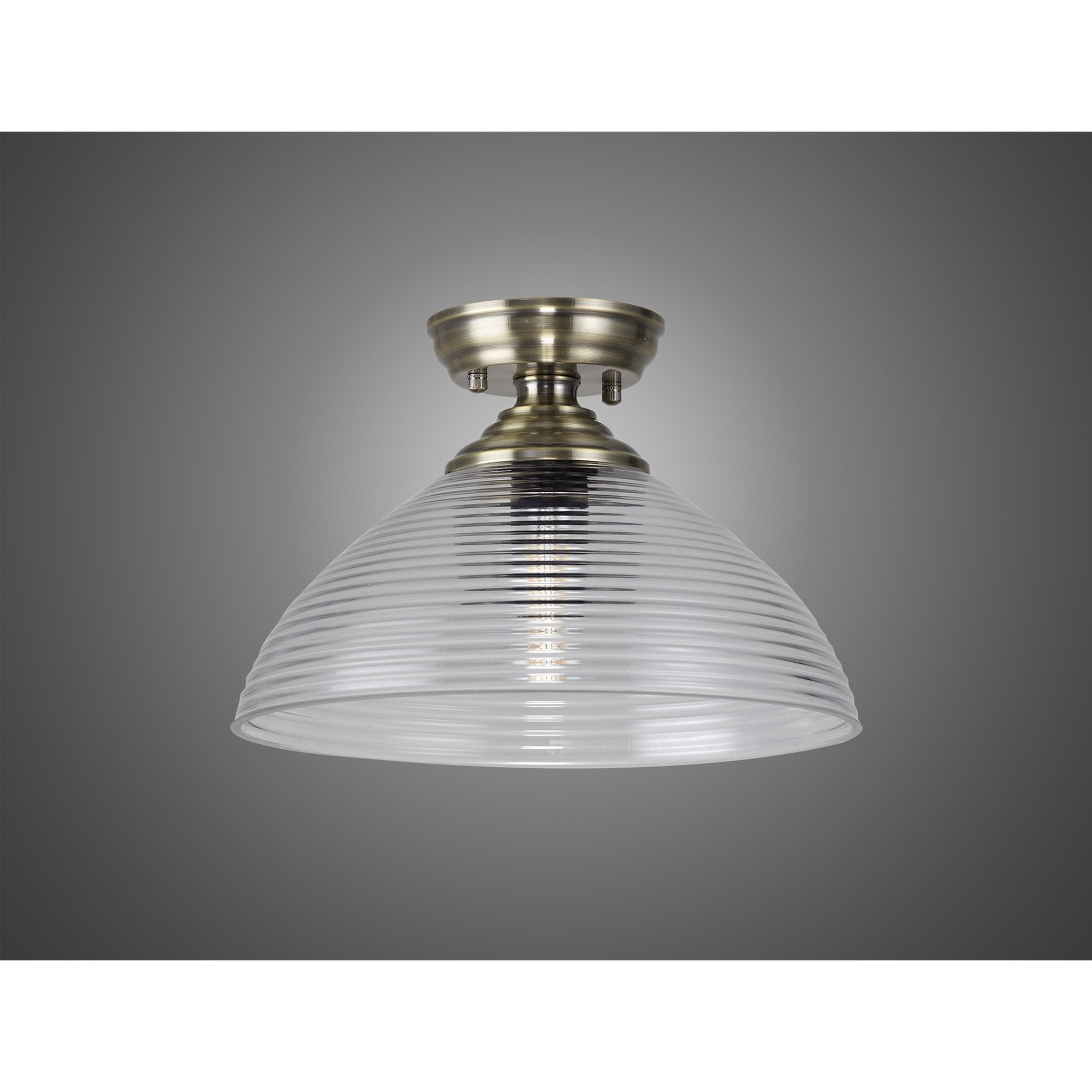 Fabula Mansfield Single Flush Light - 33.5cm Round Prismatic Effect Glass Shade - Antique Brass & Clear Glass
