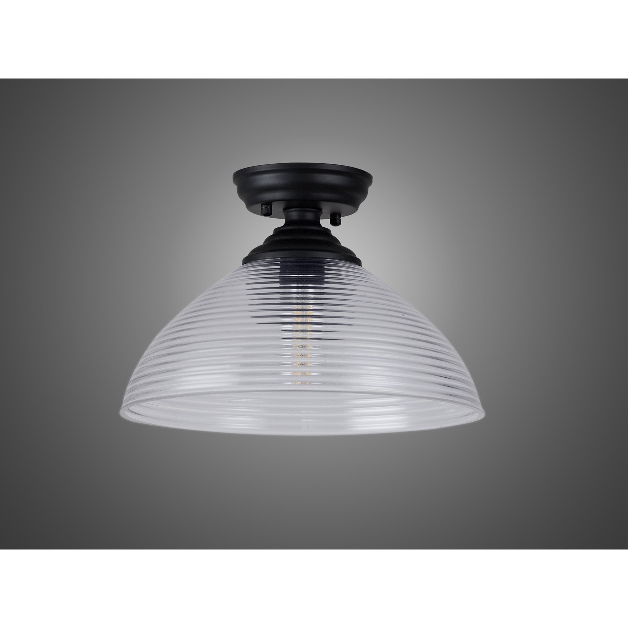 Fabula Mansfield Single Flush Light - 33.5cm Round Prismatic Effect Glass Shade - Matt Black & Clear Glass