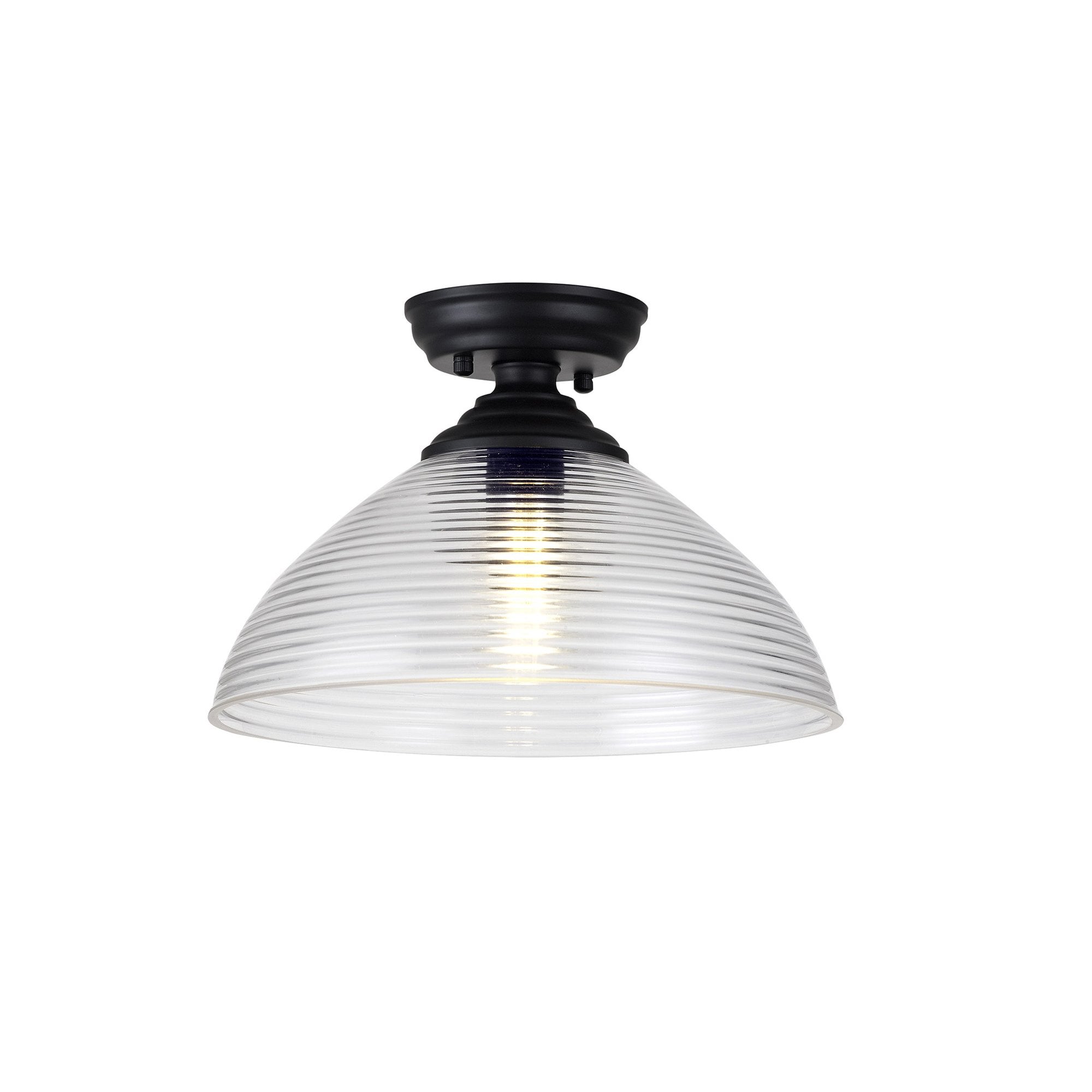 Fabula Mansfield Single Flush Light - 33.5cm Round Prismatic Effect Glass Shade - Matt Black & Clear Glass