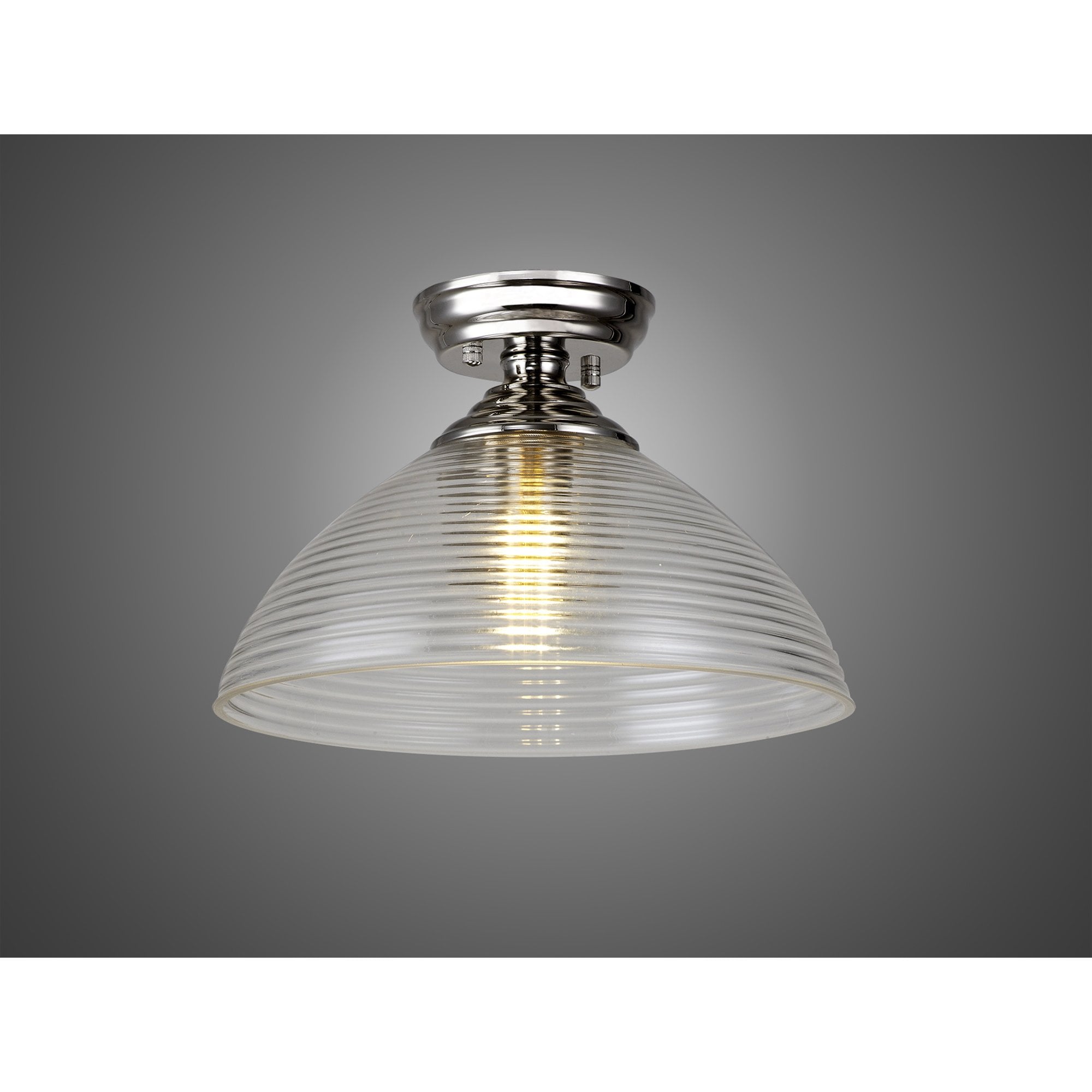 Fabula Mansfield Single Flush Light - 33.5cm Round Prismatic Effect Glass Shade - Polished Nickel & Clear Glass