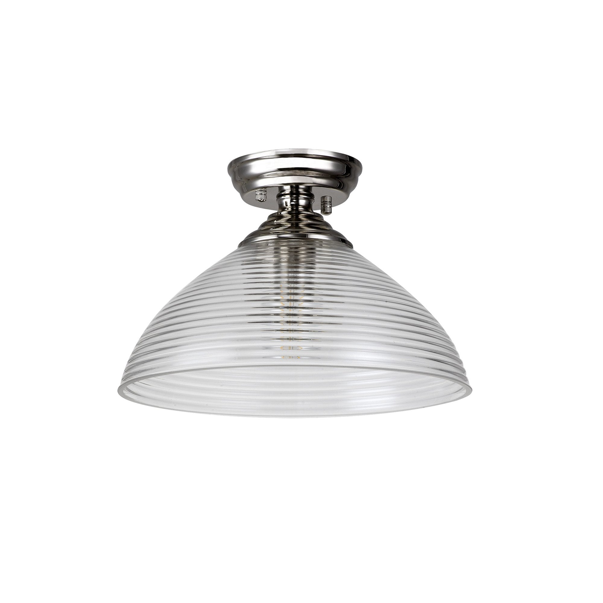 Fabula Mansfield Single Flush Light - 33.5cm Round Prismatic Effect Glass Shade - Polished Nickel & Clear Glass