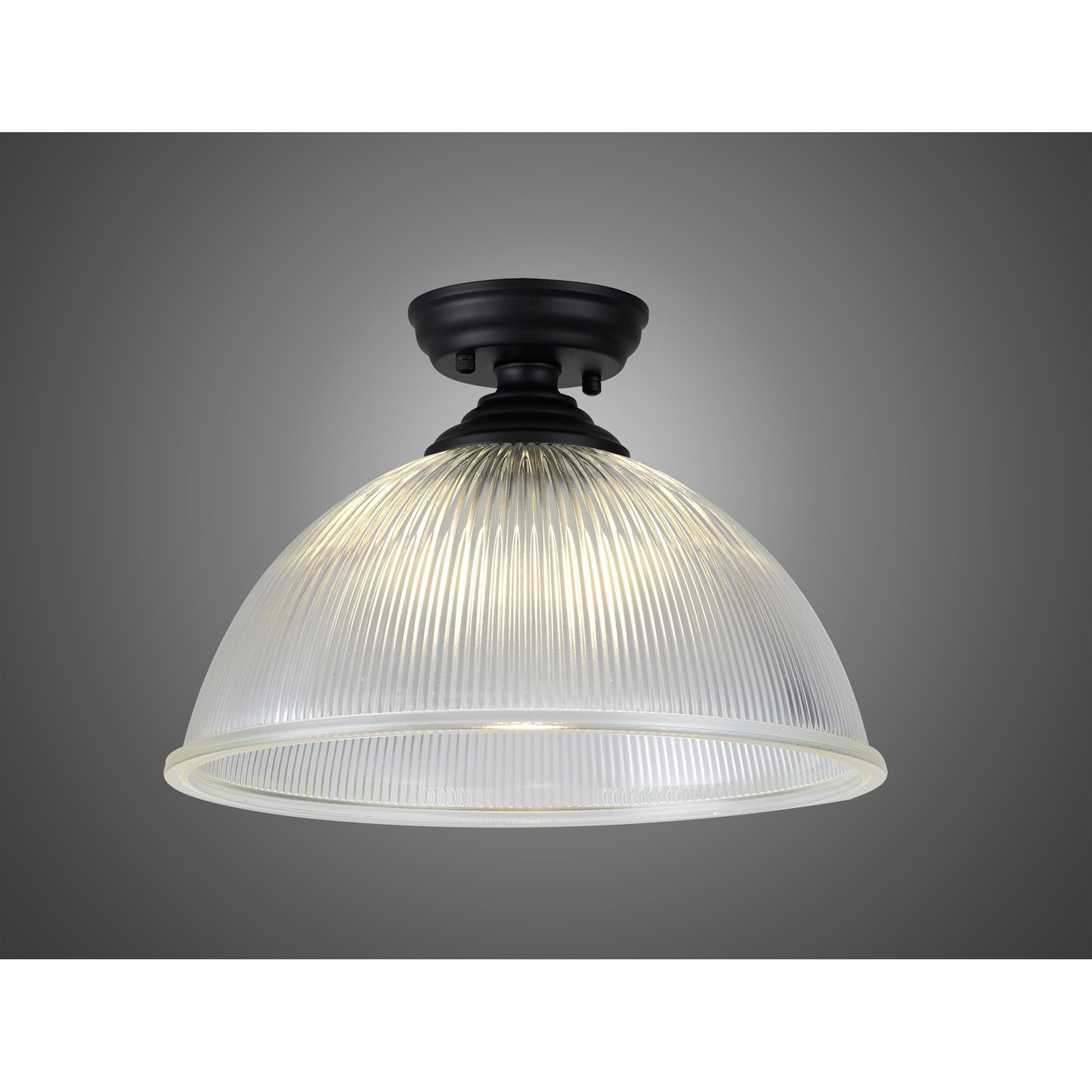 Fabula Mansfield Single Flush Light - 38cm Dome Glass Shade - Matt Black & Clear Glass