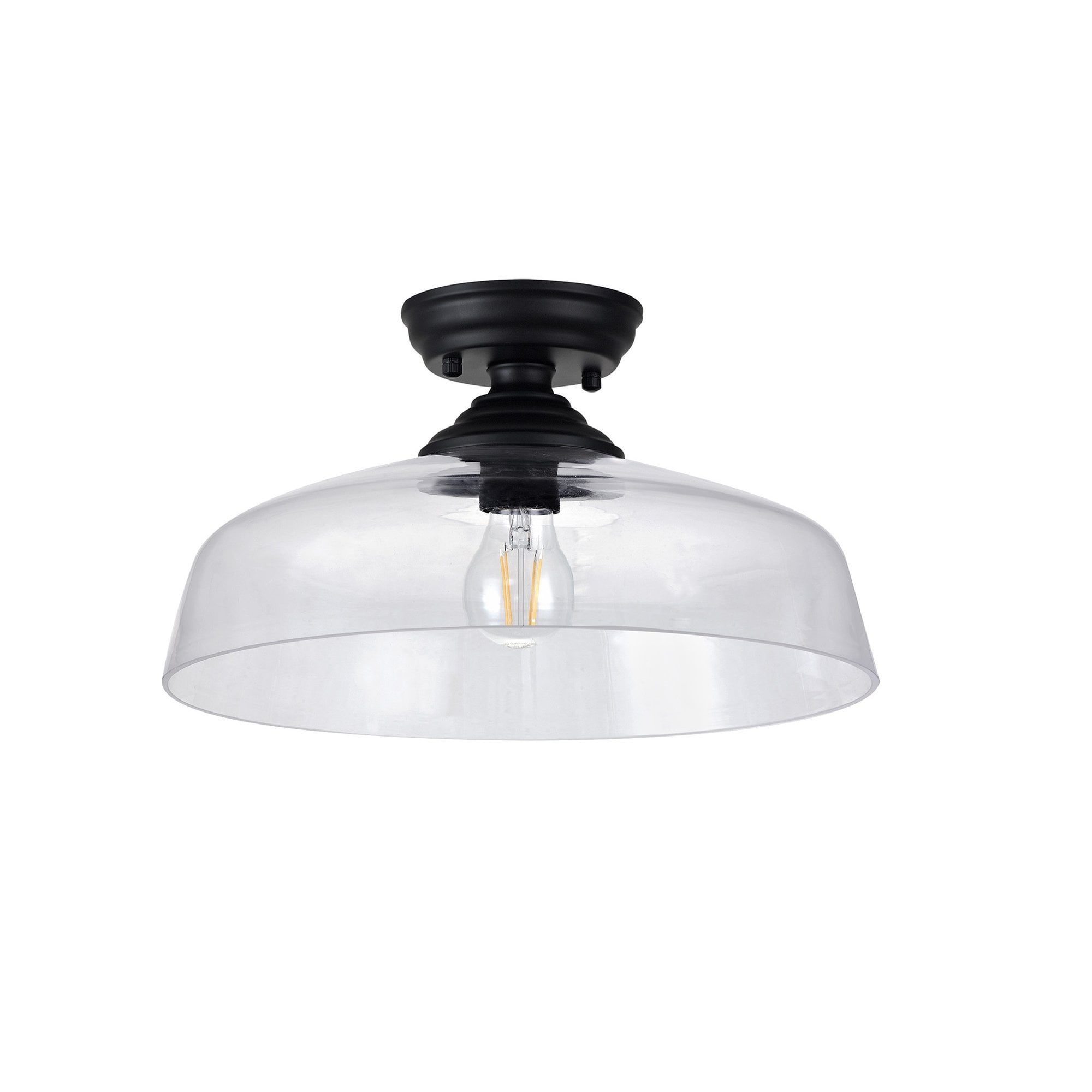 Fabula Mansfield Single Flush Light - 38cm Flat Round Glass Shade - Matt Black & Clear Glass
