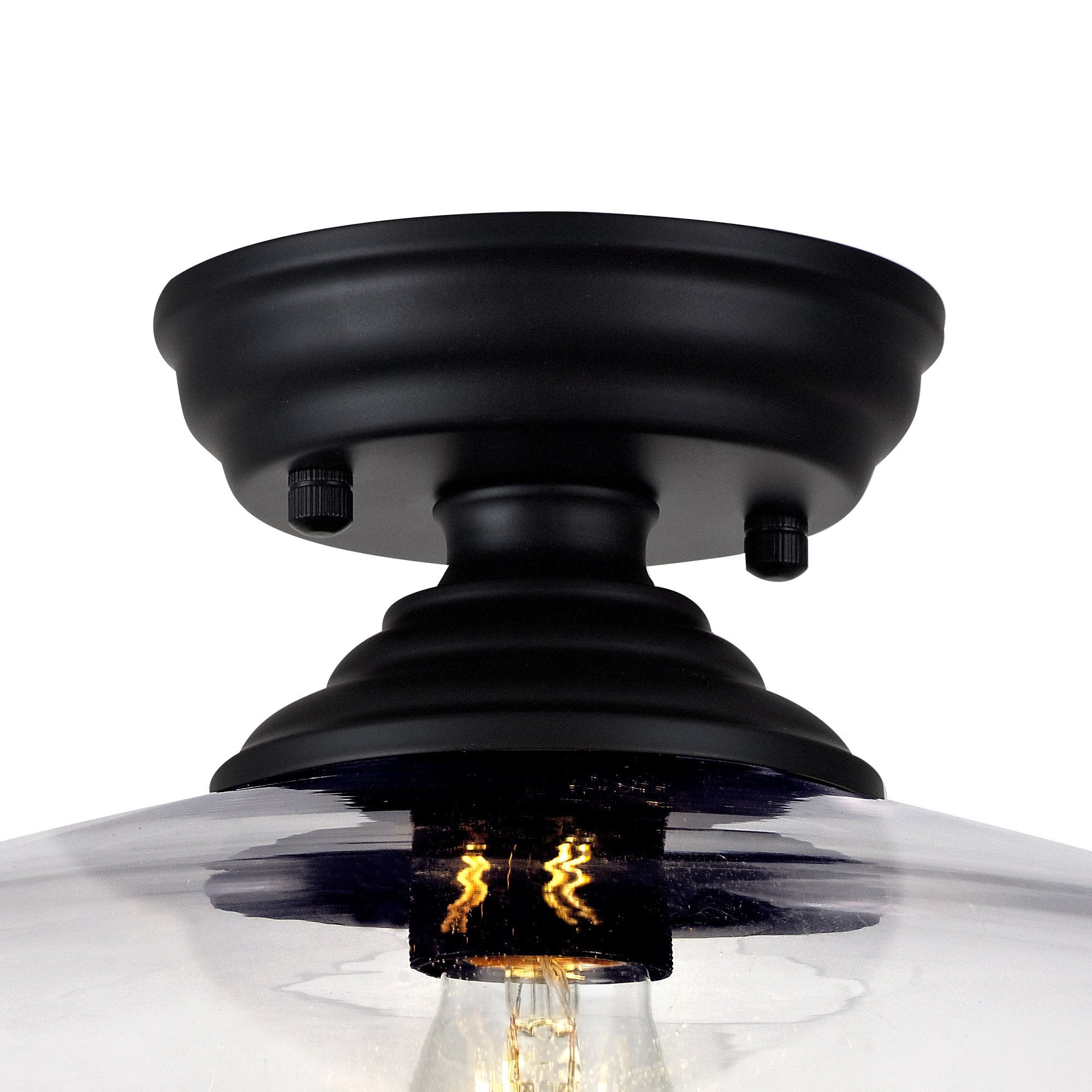 Fabula Mansfield Single Flush Light - 38cm Flat Round Glass Shade - Matt Black & Clear Glass