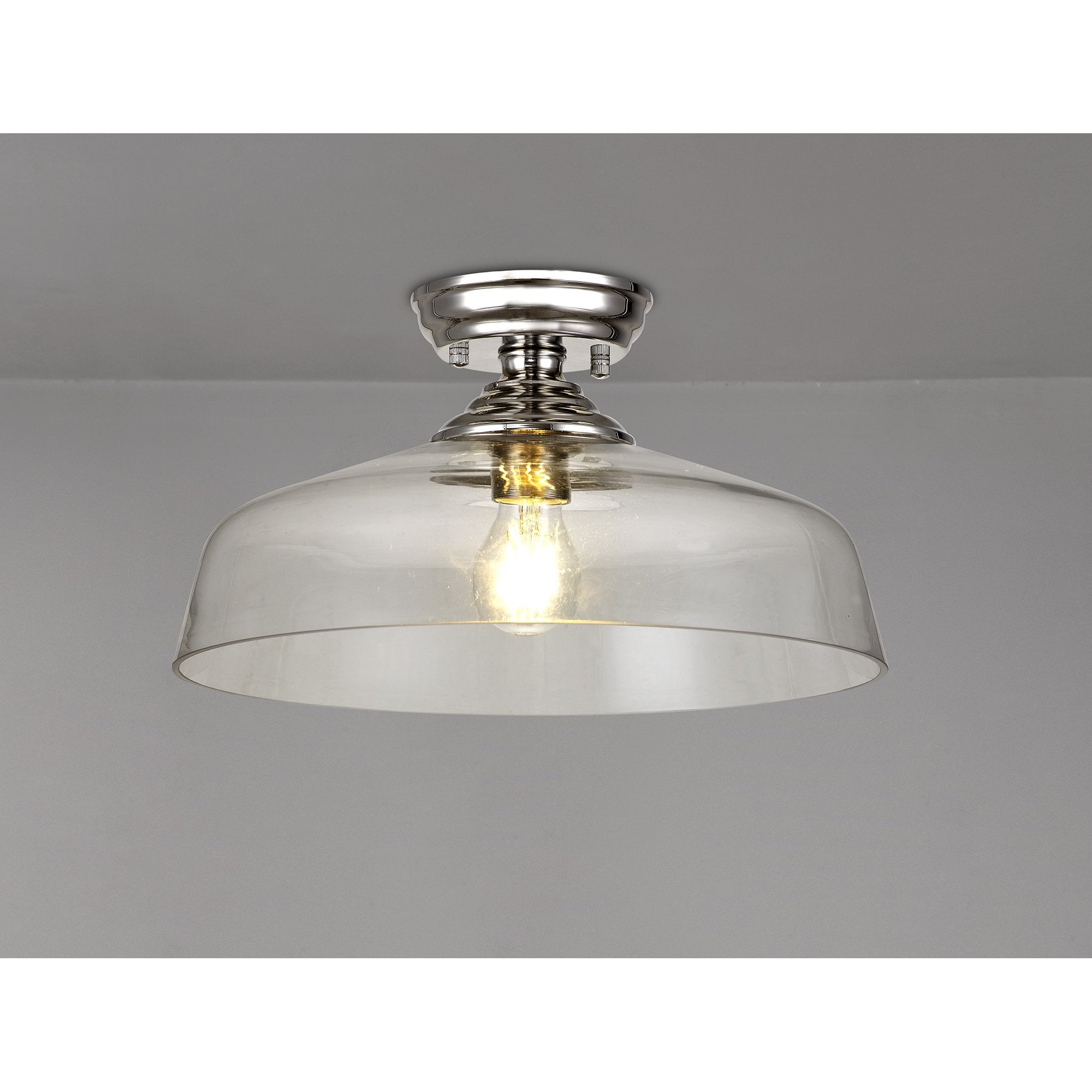 Fabula Mansfield Single Flush Light - 38cm Flat Round Glass Shade - Polished Nickel & Clear Glass