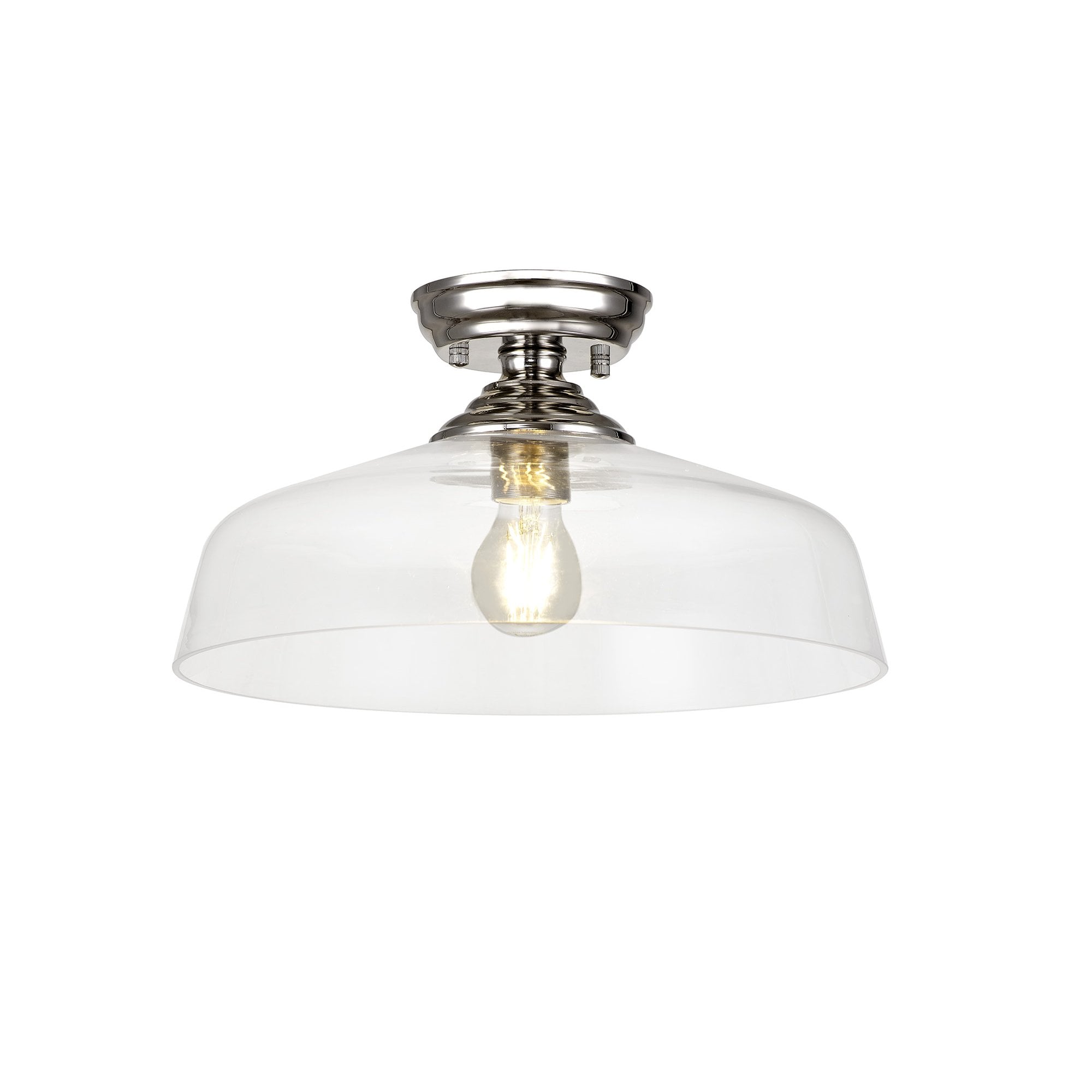 Fabula Mansfield Single Flush Light - 38cm Flat Round Glass Shade - Polished Nickel & Clear Glass