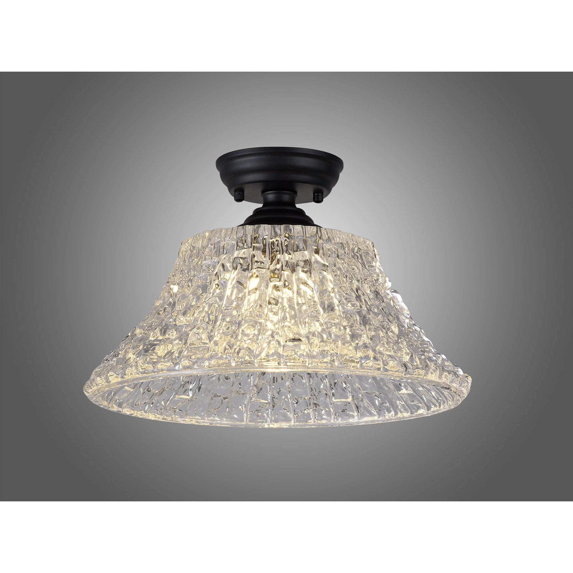 Fabula Mansfield Single Flush Light - 38cm Round Patterned Glass Shade - Matt Black & Clear Glass