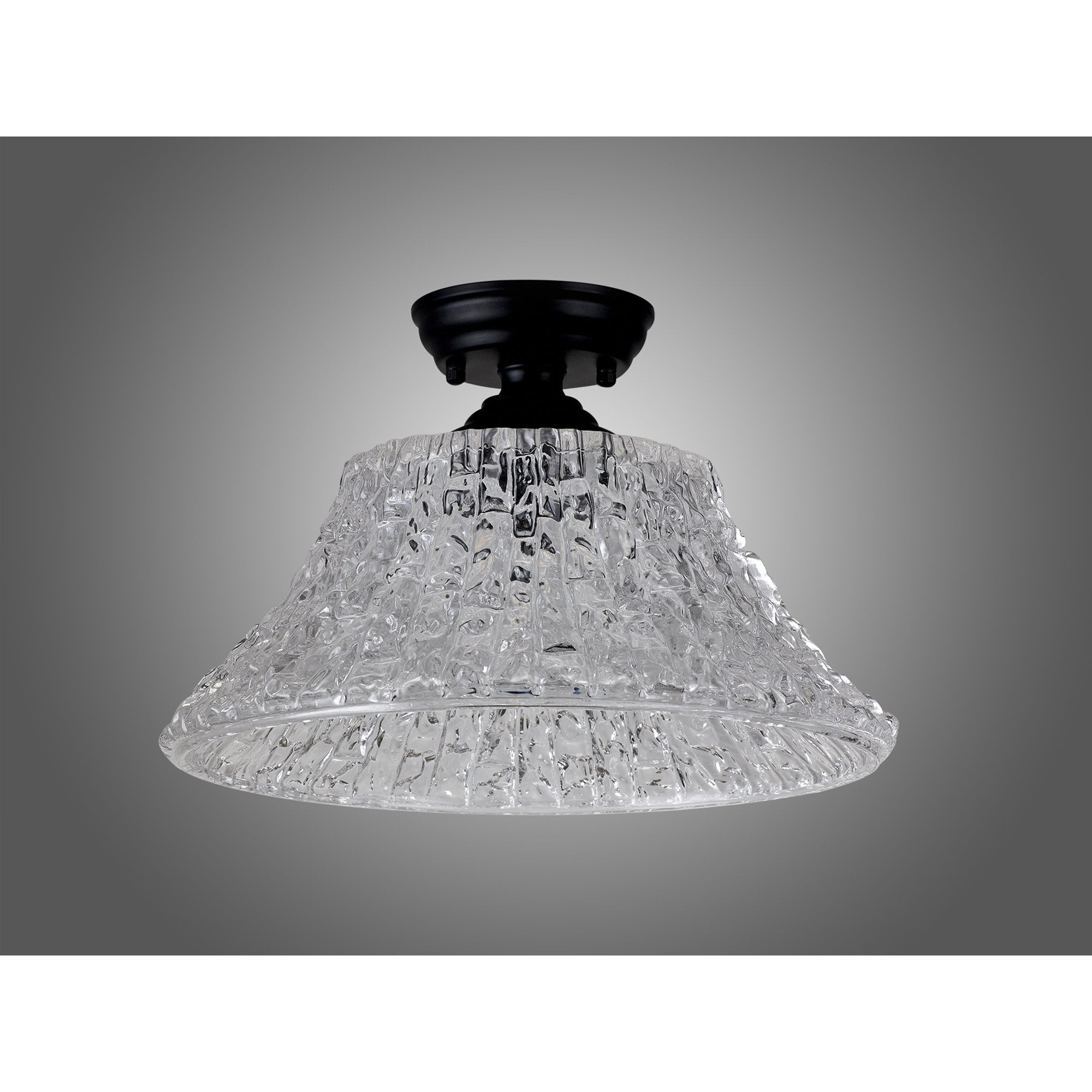 Fabula Mansfield Single Flush Light - 38cm Round Patterned Glass Shade - Matt Black & Clear Glass