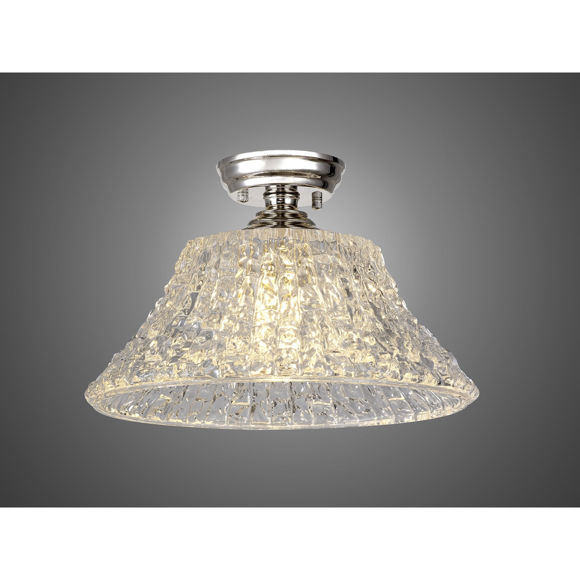 Fabula Mansfield Single Flush Light - 38cm Round Patterned Glass Shade - Polished Nickel & Clear Glass