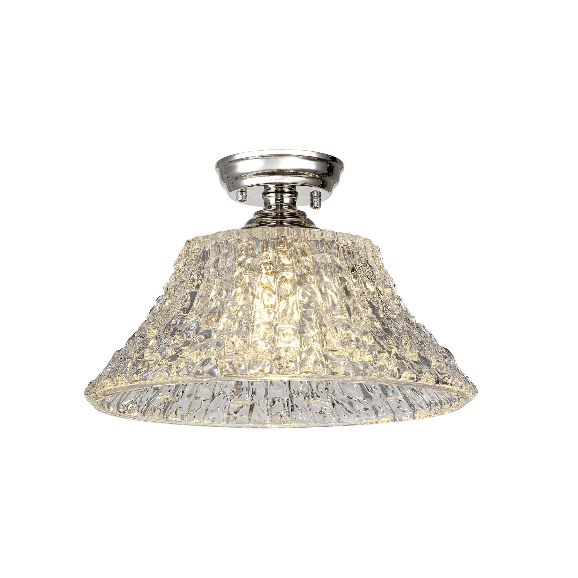 Fabula Mansfield Single Flush Light - 38cm Round Patterned Glass Shade - Polished Nickel & Clear Glass