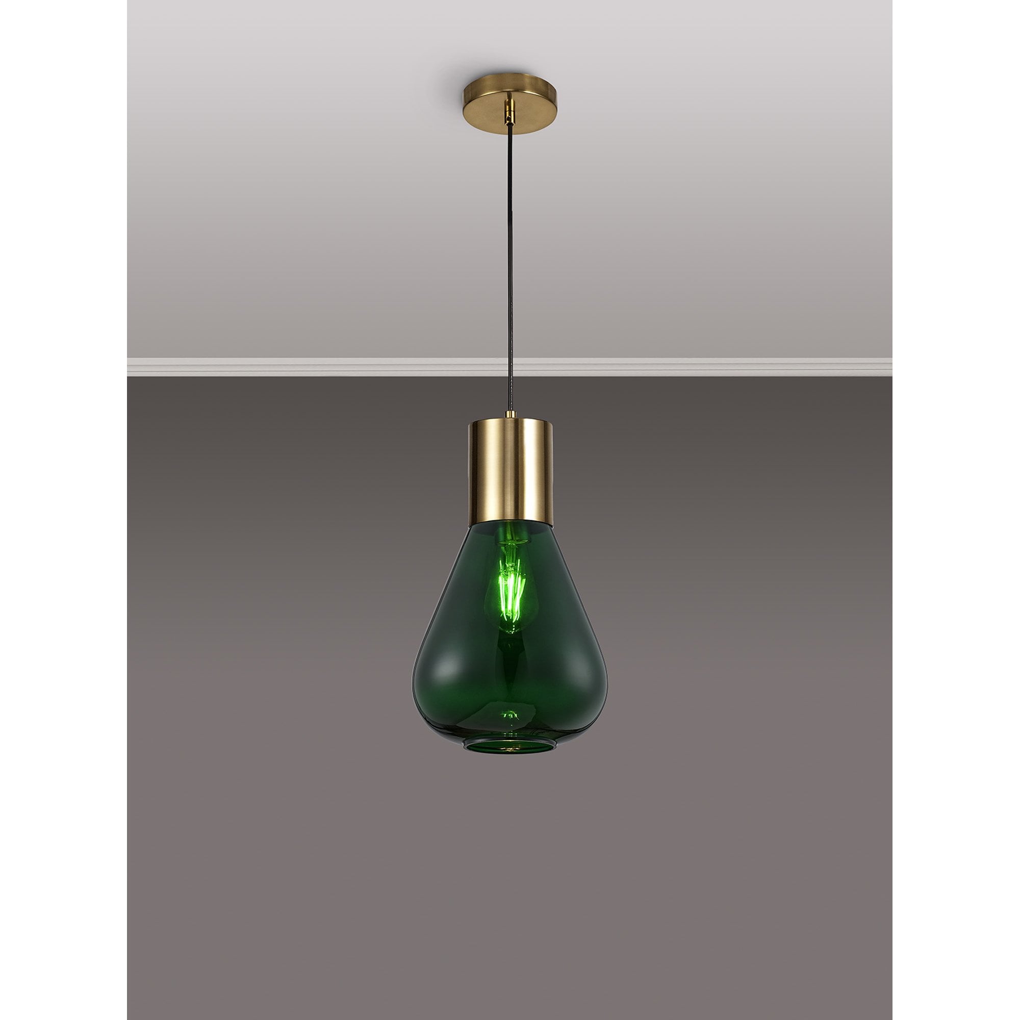 Fabula Maple Narrow Pendant - Aged Brass & Bottle Green Glass