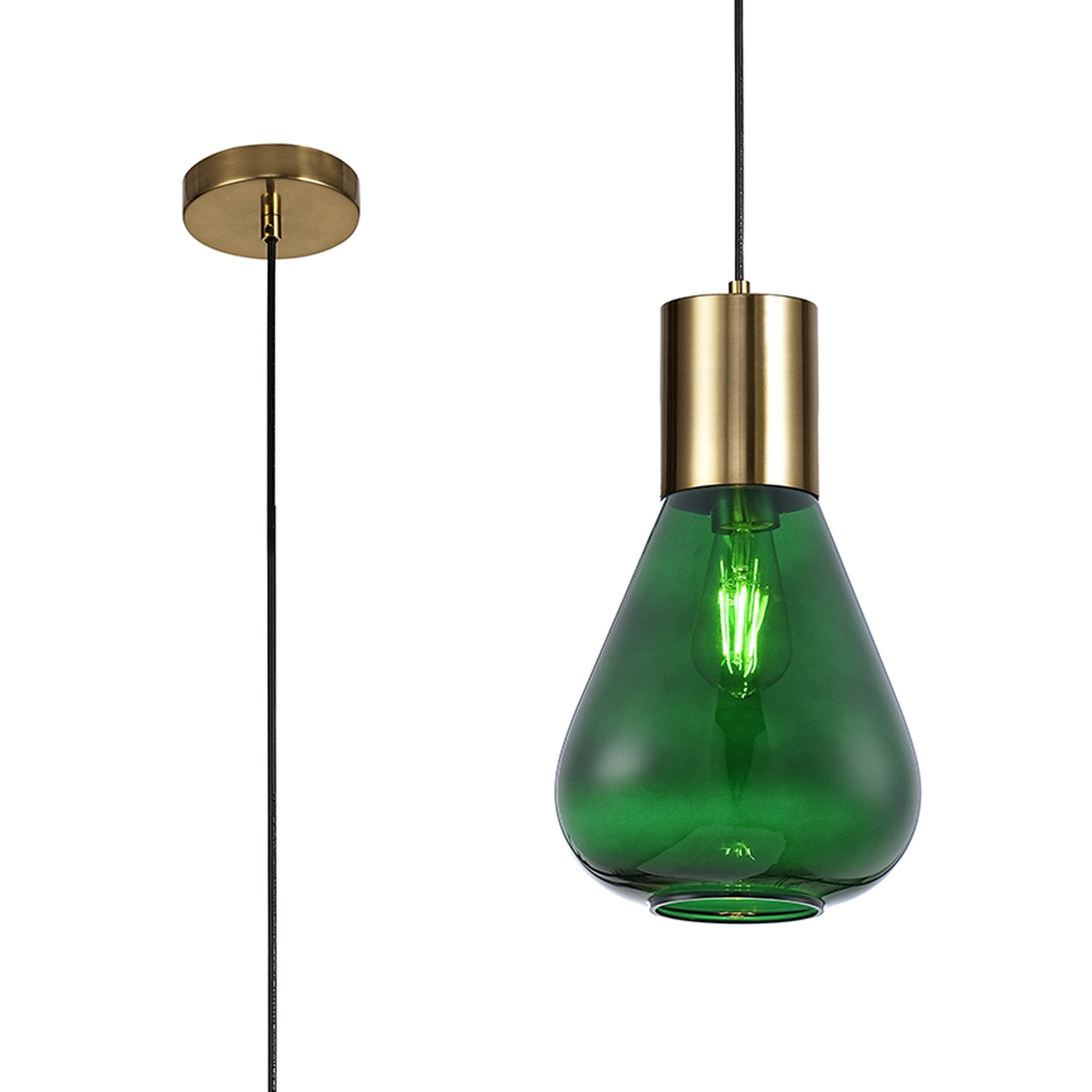 Fabula Maple Narrow Pendant - Aged Brass & Bottle Green Glass
