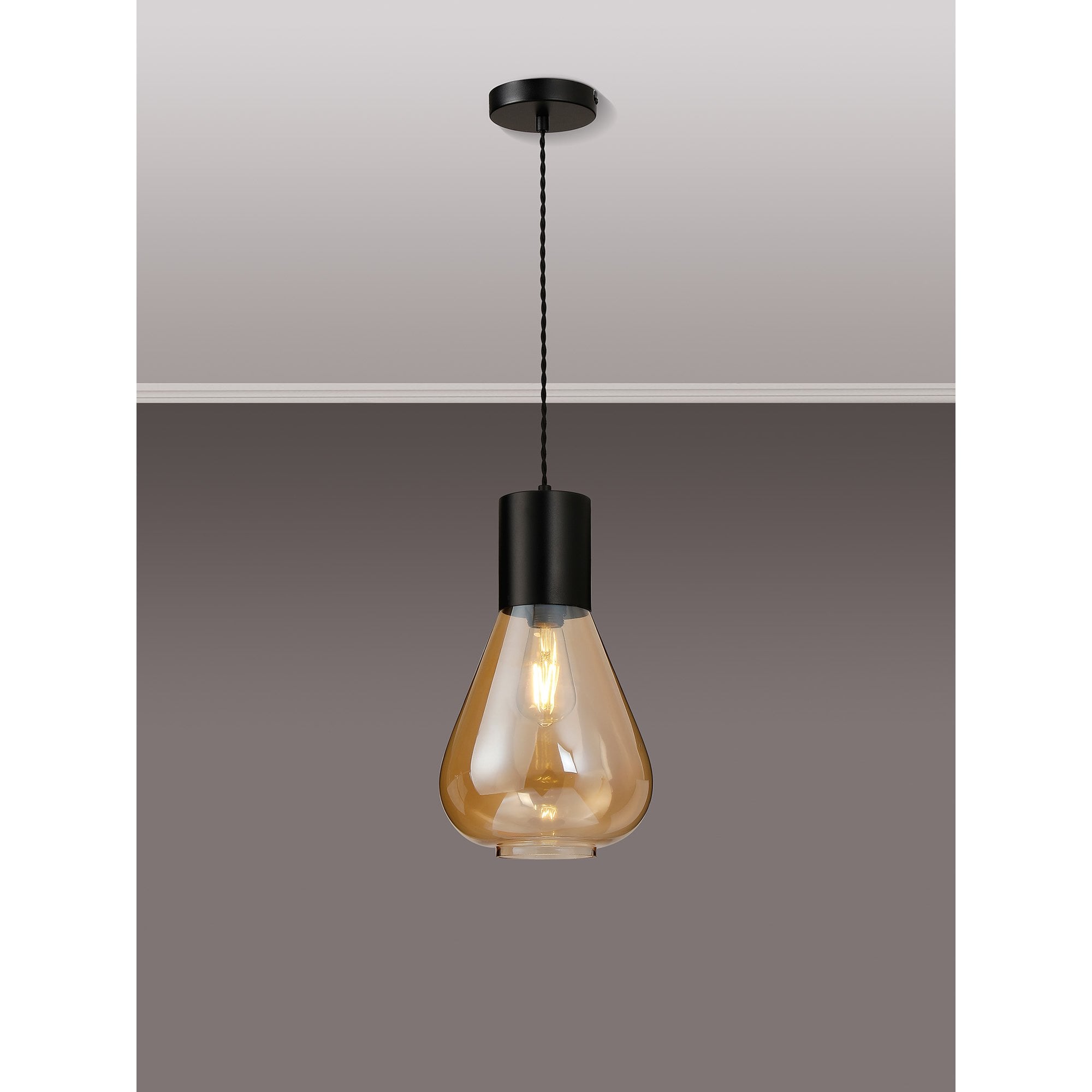 Fabula Maple Narrow Pendant - Satin Black & Amber Glass