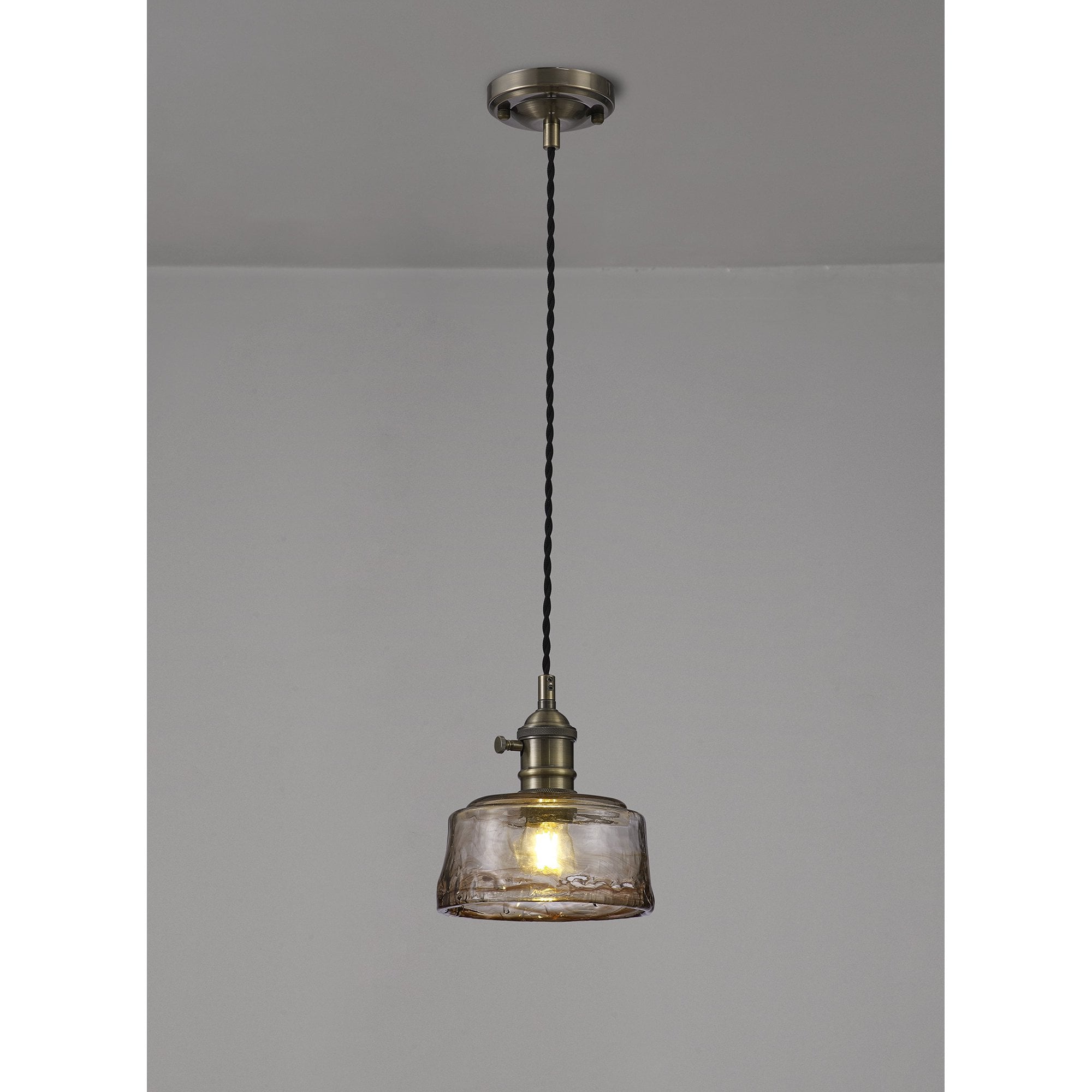 Fabula Merryhill Single Pendant - Antique Brass, Black Twisted Cable & Brown Bowl Glass