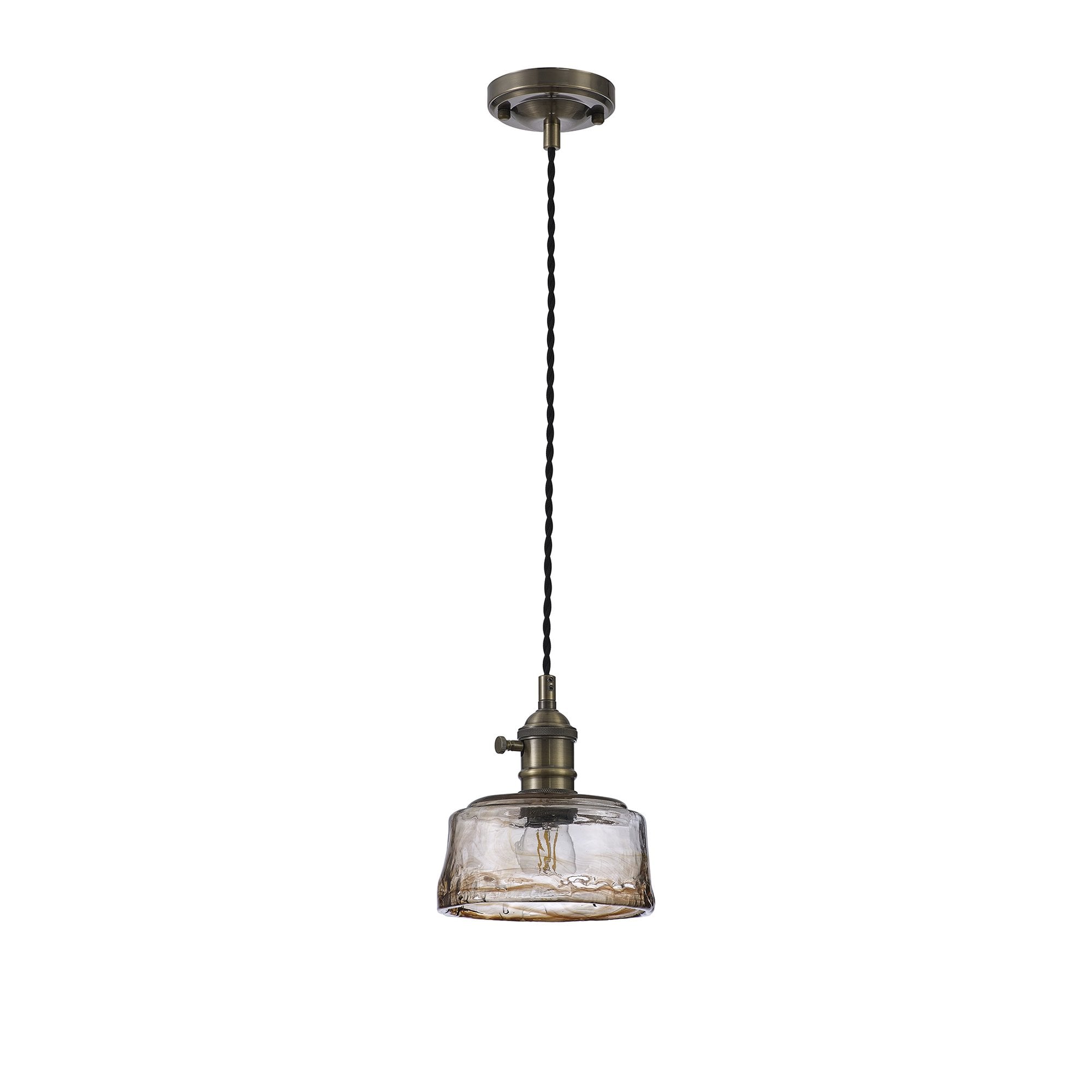 Fabula Merryhill Single Pendant - Antique Brass, Black Twisted Cable & Brown Bowl Glass