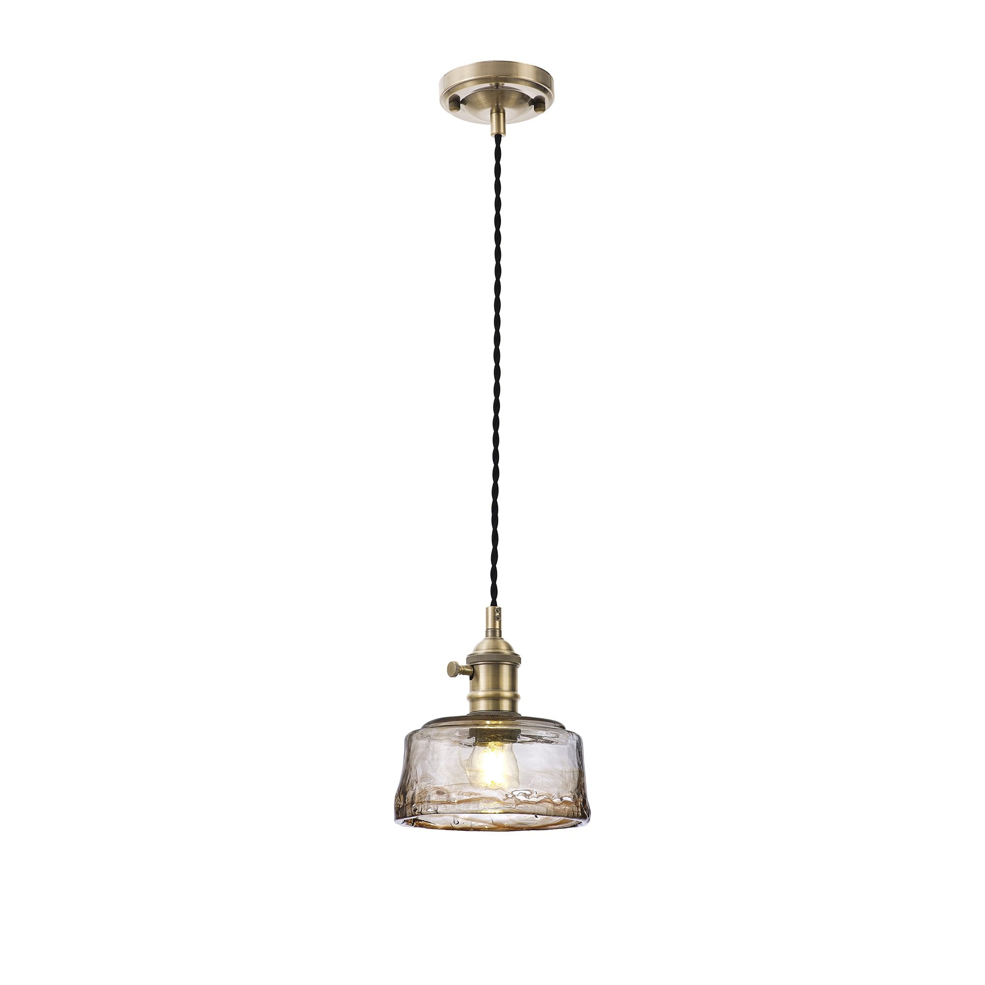 Fabula Merryhill Single Pendant - Antique Brass, Black Twisted Cable & Brown Bowl Glass