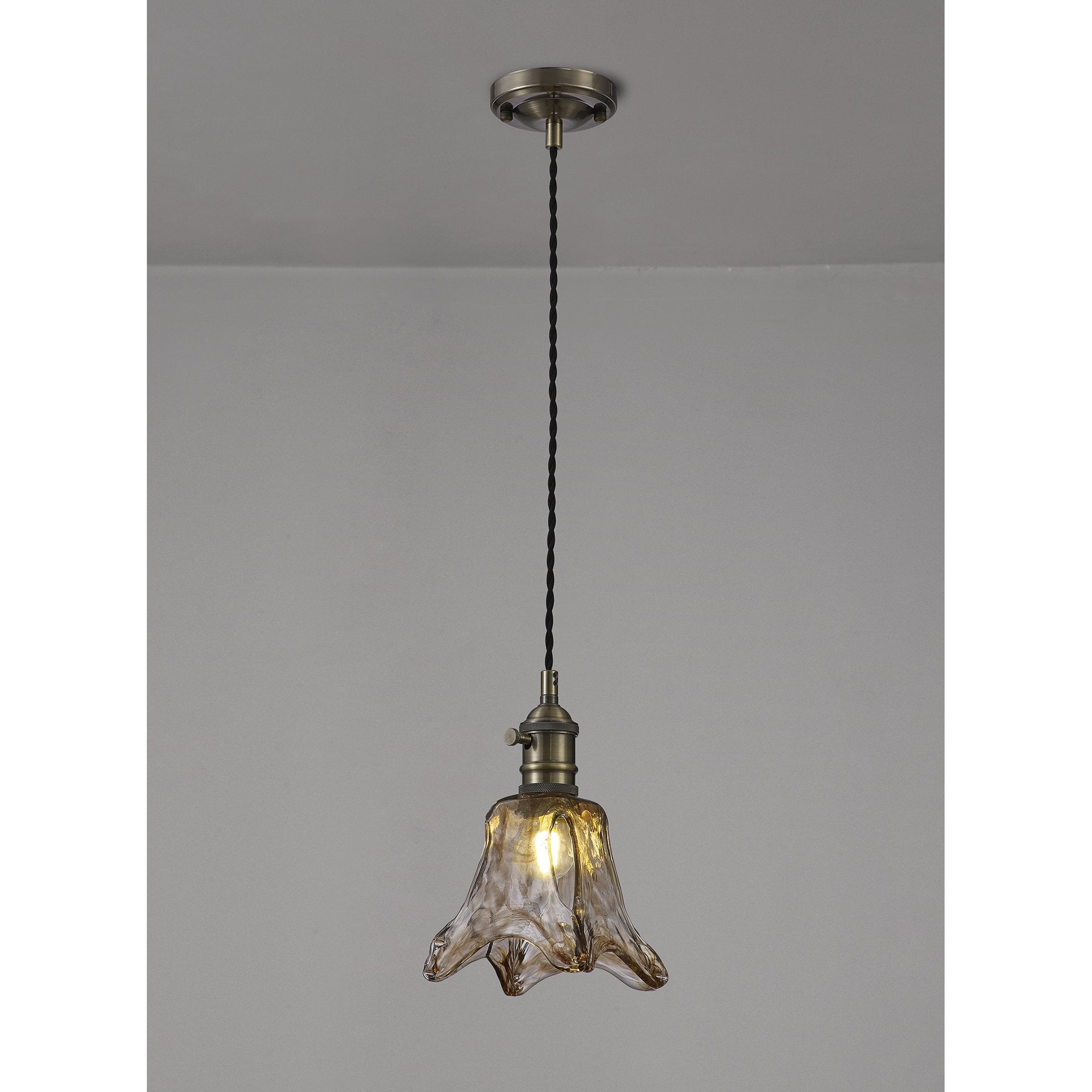 Fabula Merryhill Single Pendant - Antique Brass, Black Twisted Cable & Brown Flower Glass