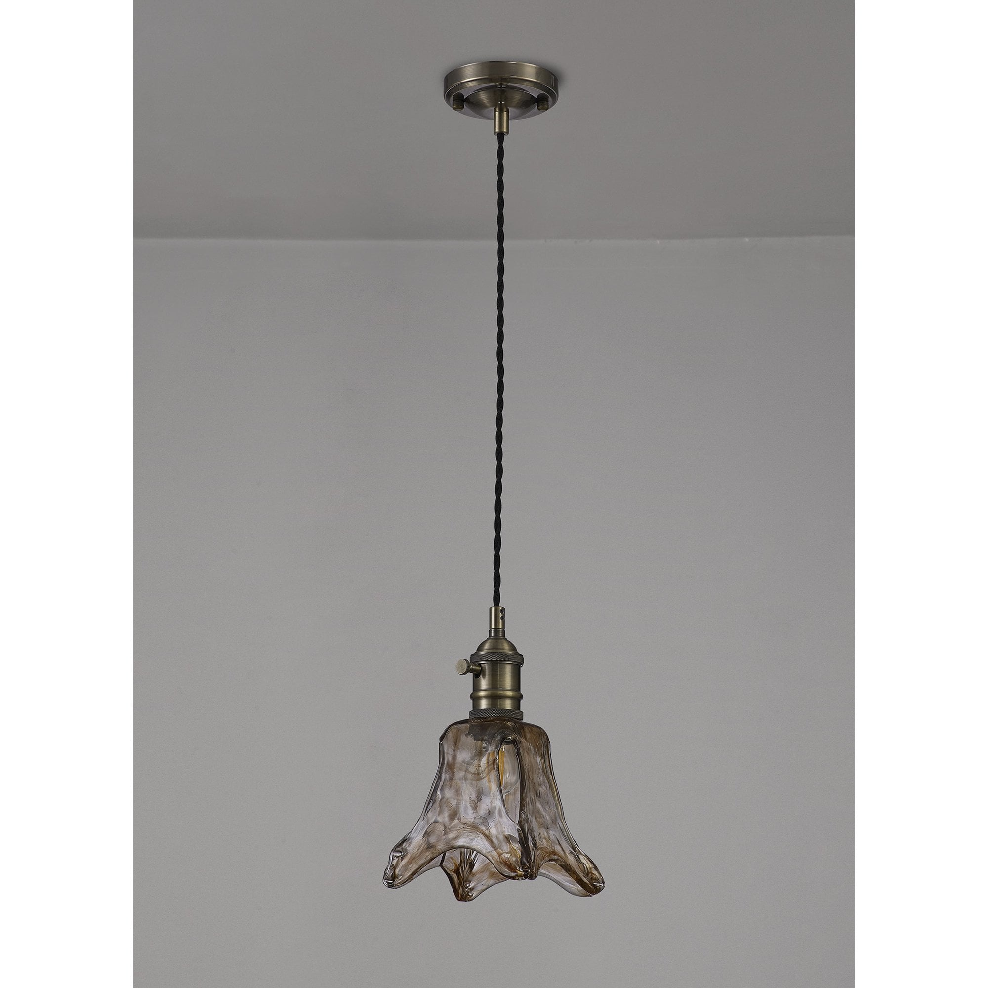 Fabula Merryhill Single Pendant - Antique Brass, Black Twisted Cable & Brown Flower Glass