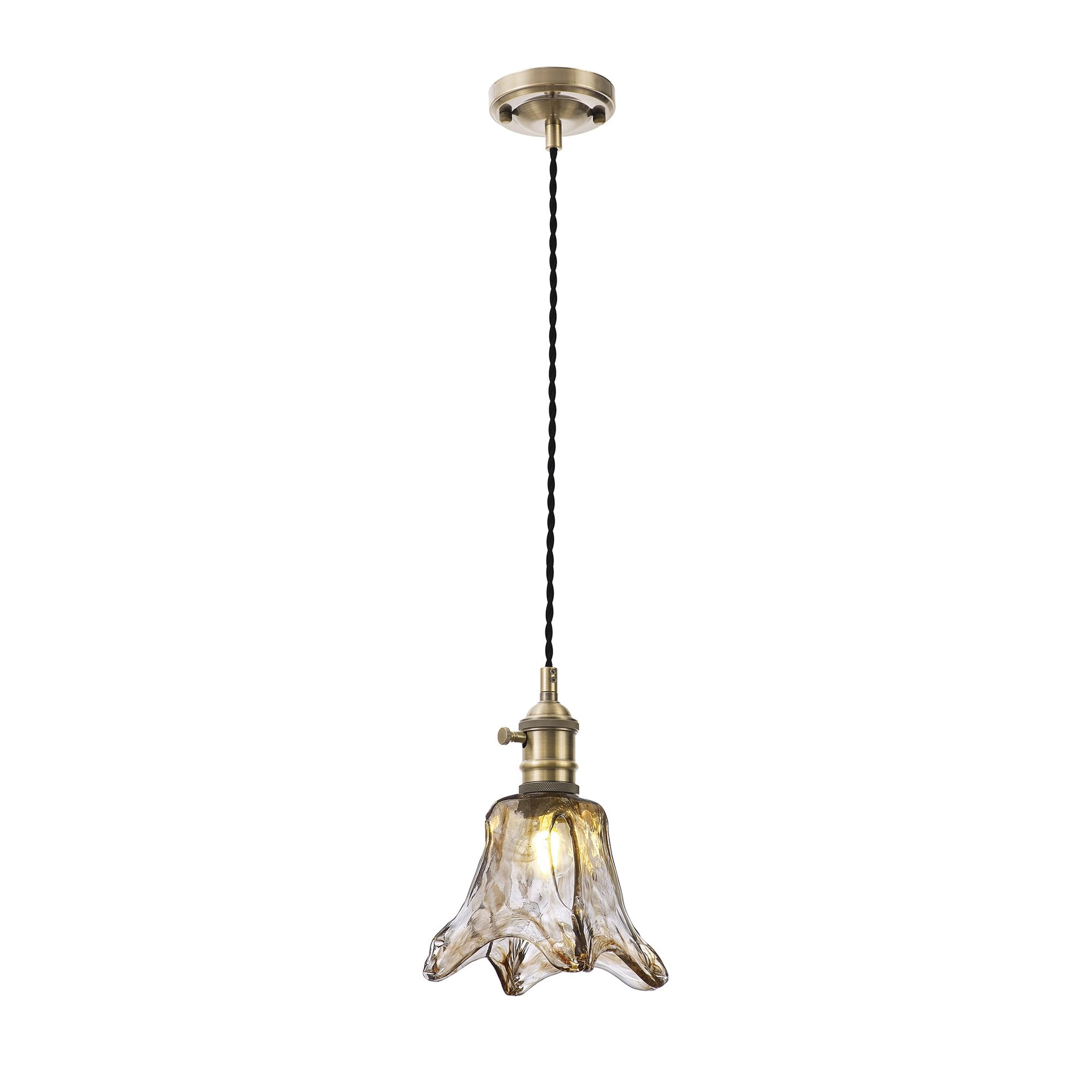 Fabula Merryhill Single Pendant - Antique Brass, Black Twisted Cable & Brown Flower Glass