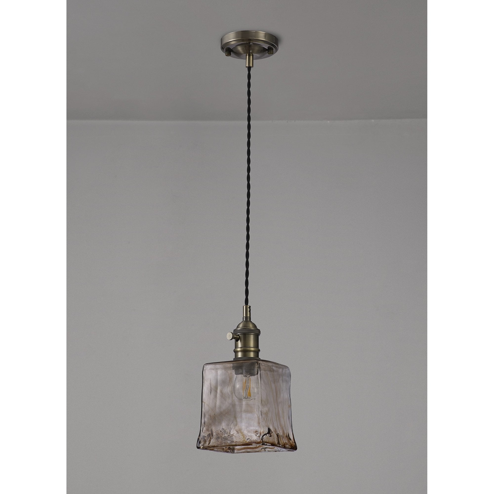 Fabula Merryhill Single Pendant - Antique Brass, Black Twisted Cable & Brown Square Glass