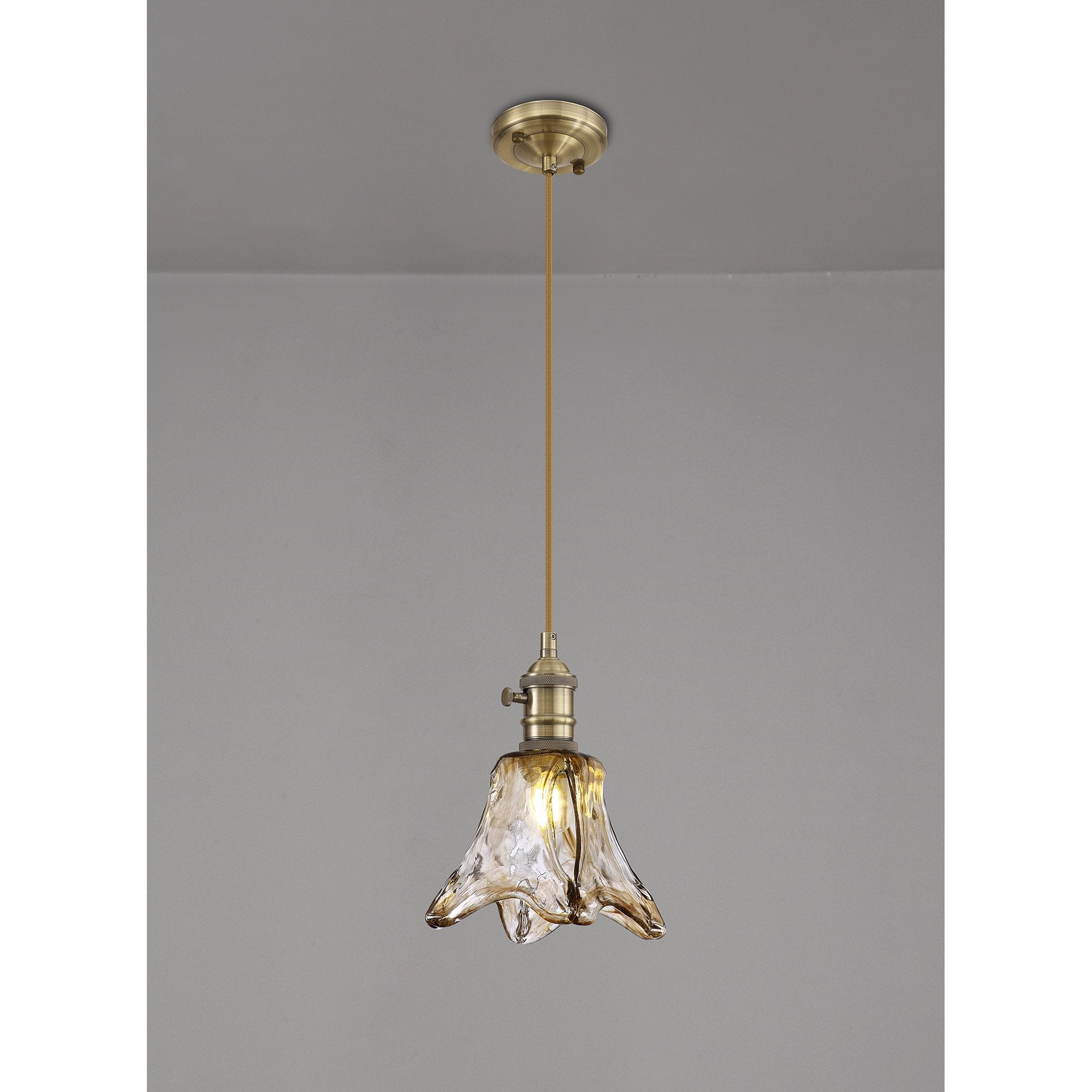 Fabula Merryhill Single Pendant - Antique Brass, Golden Brown Twisted Cable & Brown Flower Glass