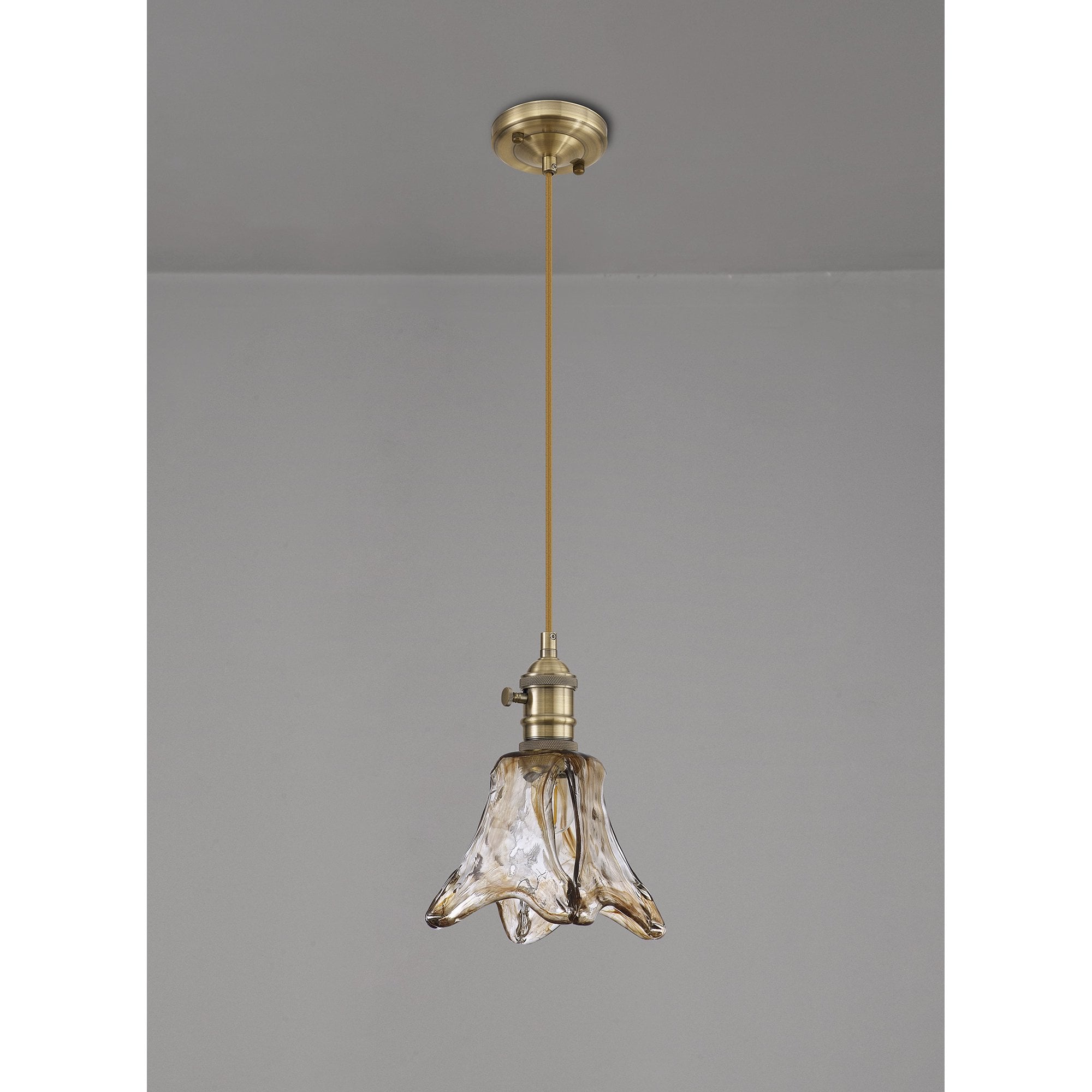 Fabula Merryhill Single Pendant - Antique Brass, Golden Brown Twisted Cable & Brown Flower Glass