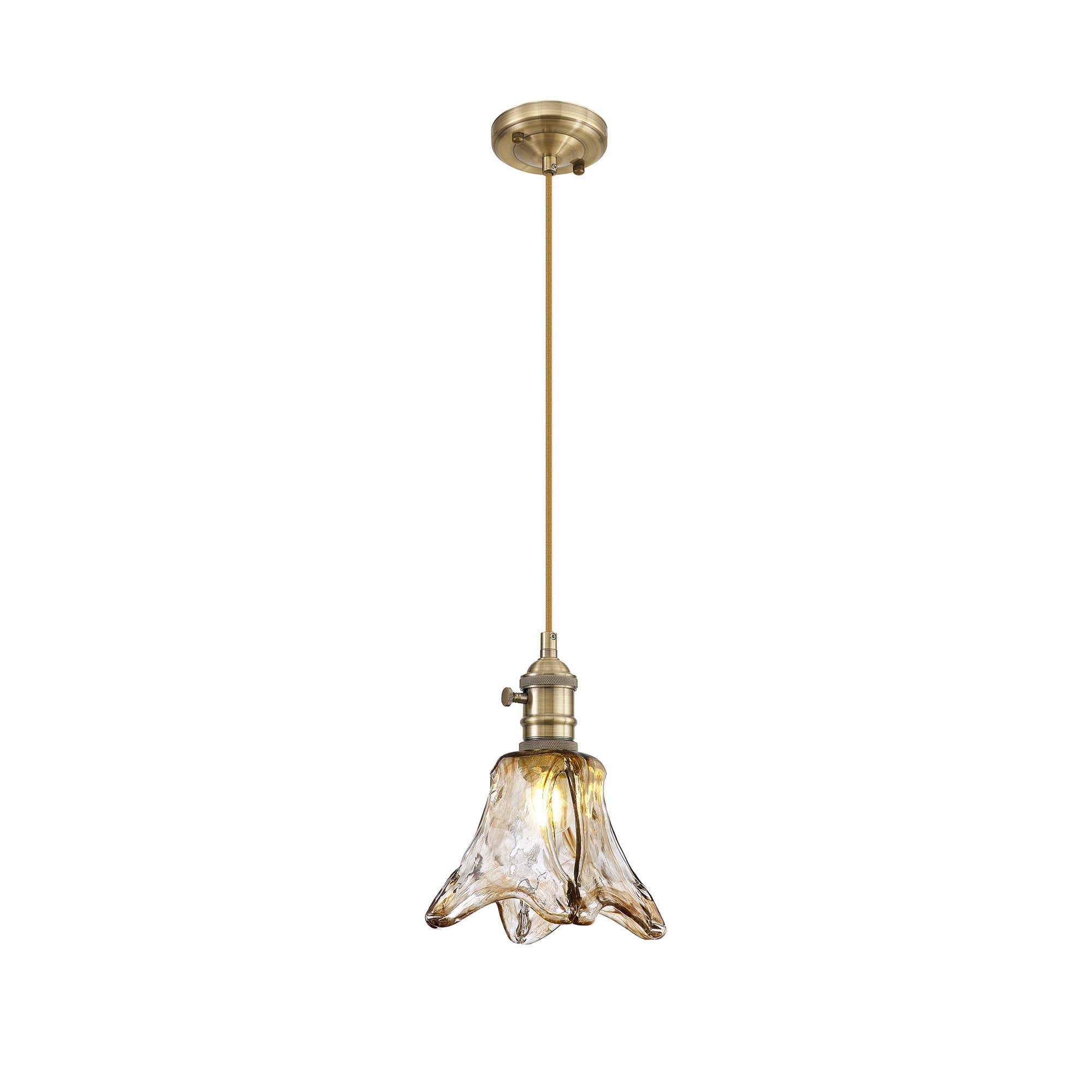 Fabula Merryhill Single Pendant - Antique Brass, Golden Brown Twisted Cable & Brown Flower Glass