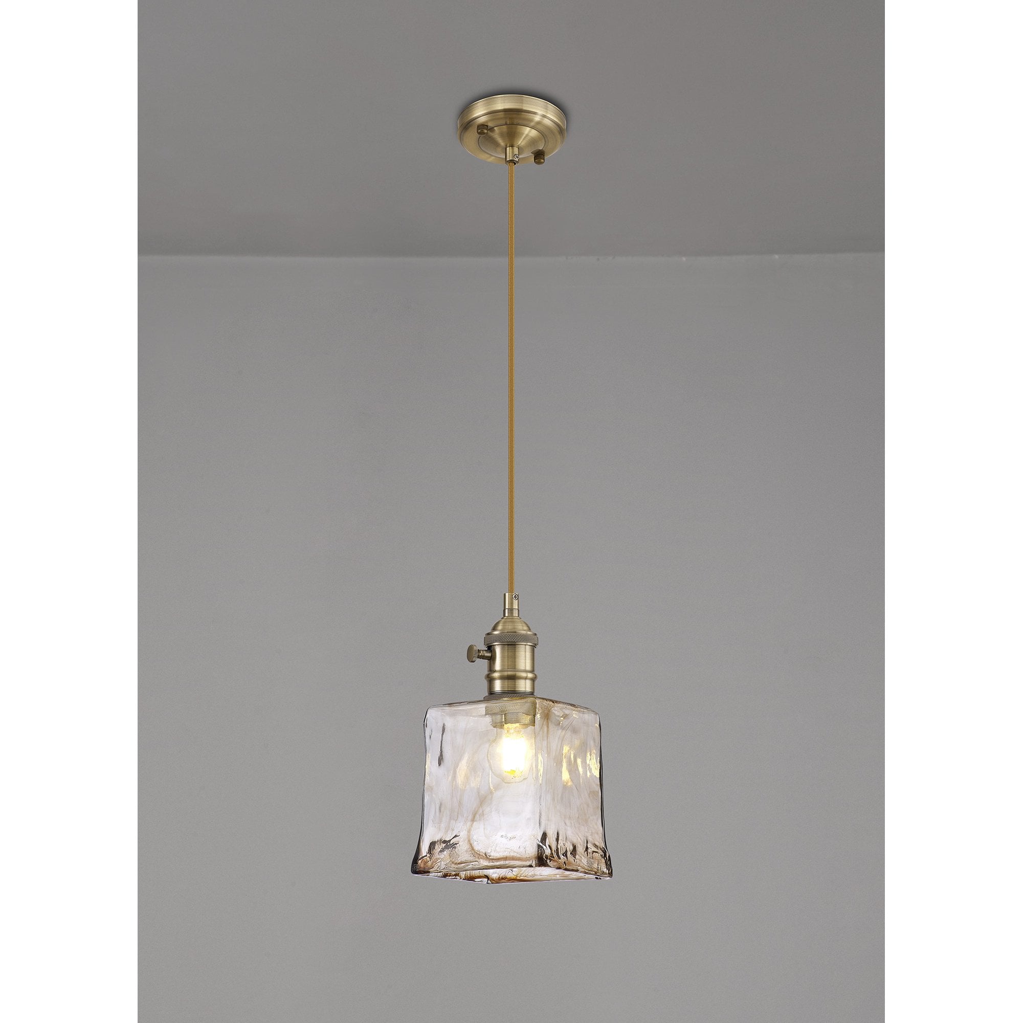 Fabula Merryhill Single Pendant - Antique Brass, Golden Brown Twisted Cable & Brown Square Glass