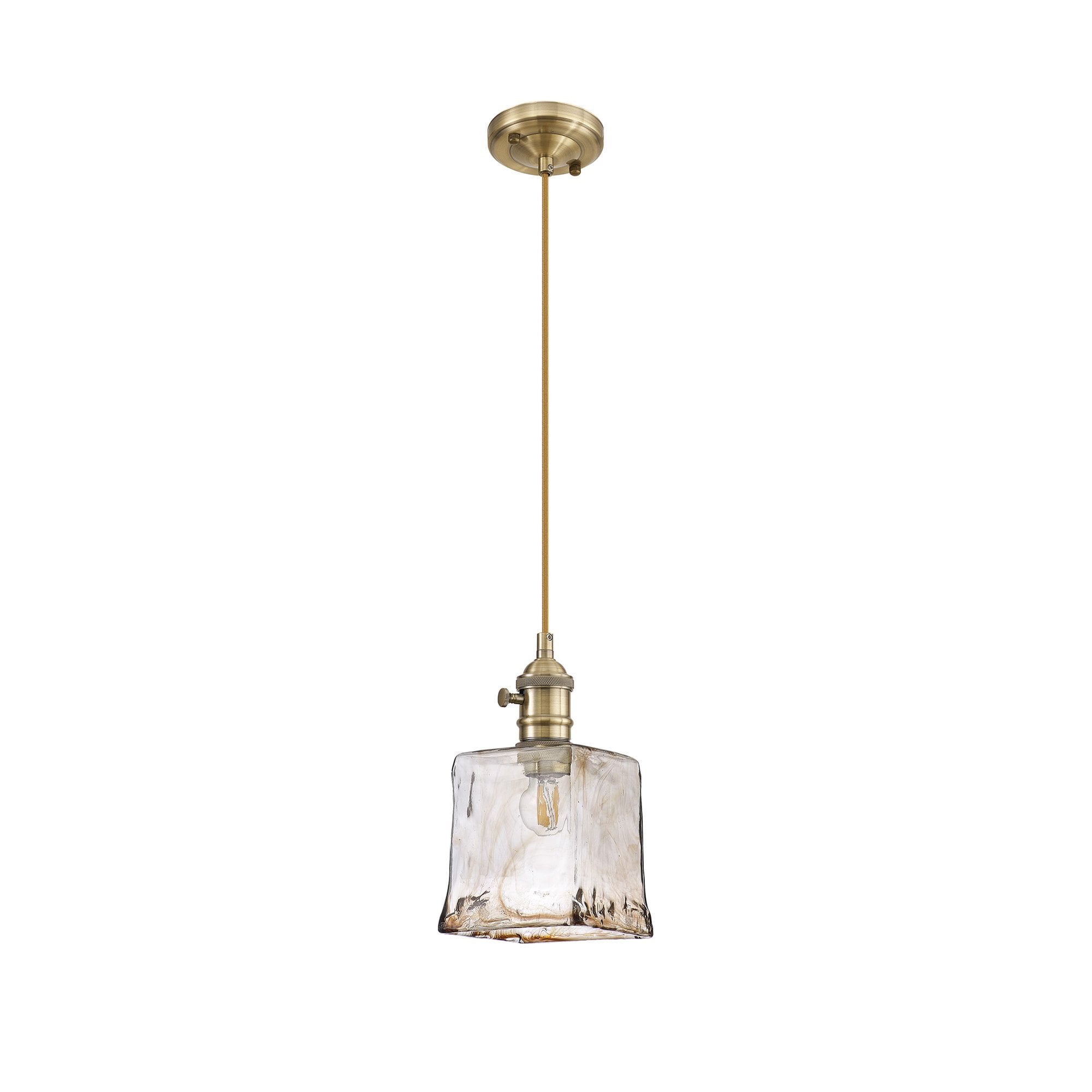 Fabula Merryhill Single Pendant - Antique Brass, Golden Brown Twisted Cable & Brown Square Glass